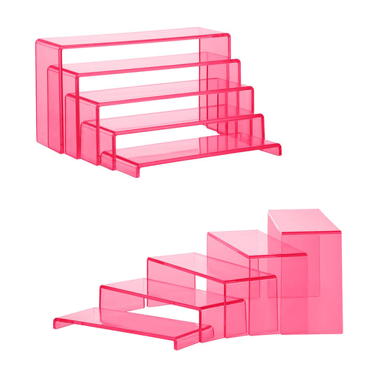 Goabroa Display Risers, 2 Sets 10 Pcs Perfume Stand Organizer, Rectangular Riser Shelves for Figures, Cupcake, perfume display, Wine Glass and Handbag display, Transparent Pink