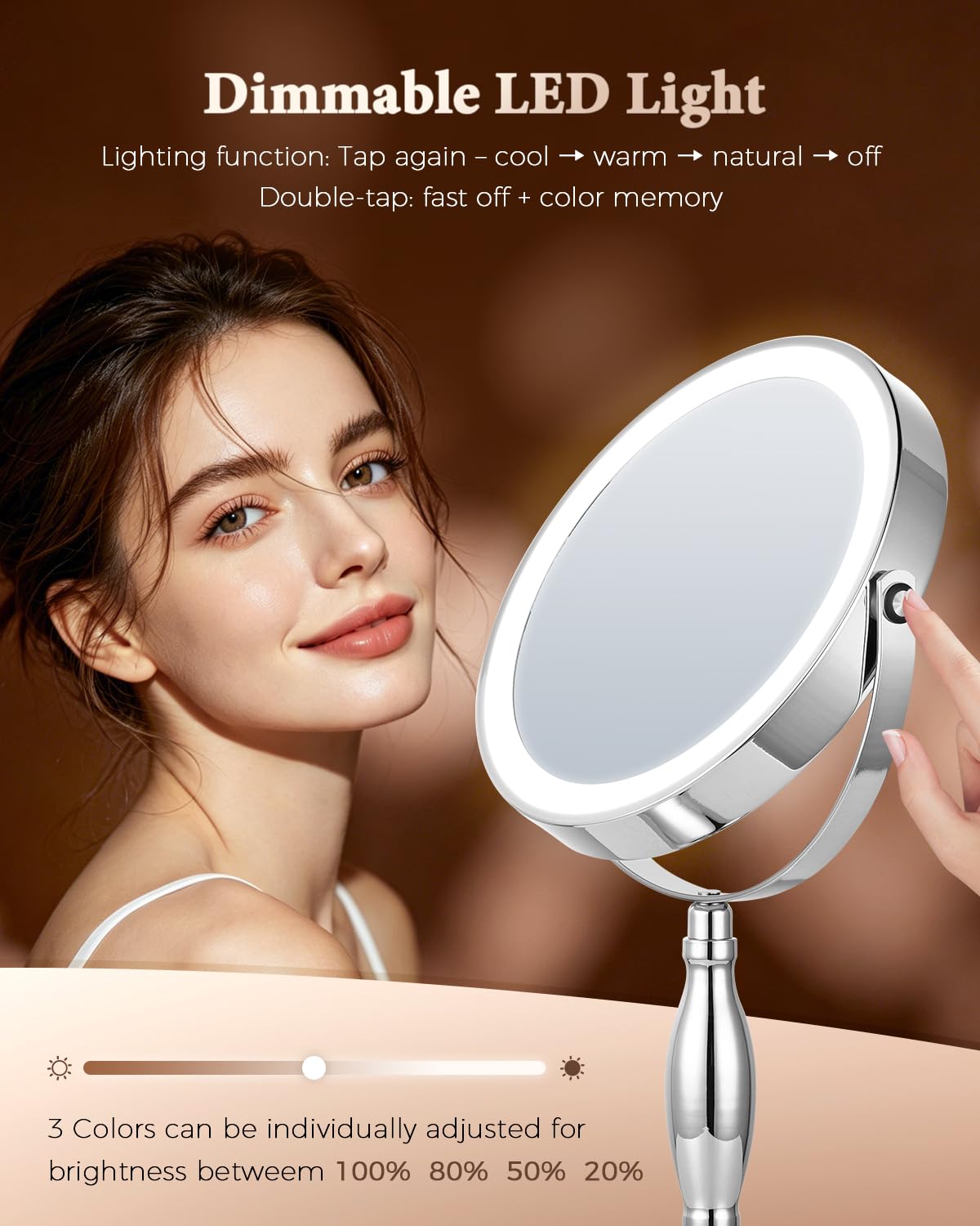30x Lighted Makeup Mirror with Lights, 8" Double Sided Magnifying Mirror with 3 Color Modes Adjustable Brightness, 5000mAh Rechargeable, 360° Rotation, Side Touch+Side Charging, Vanity Mirror-Chrome