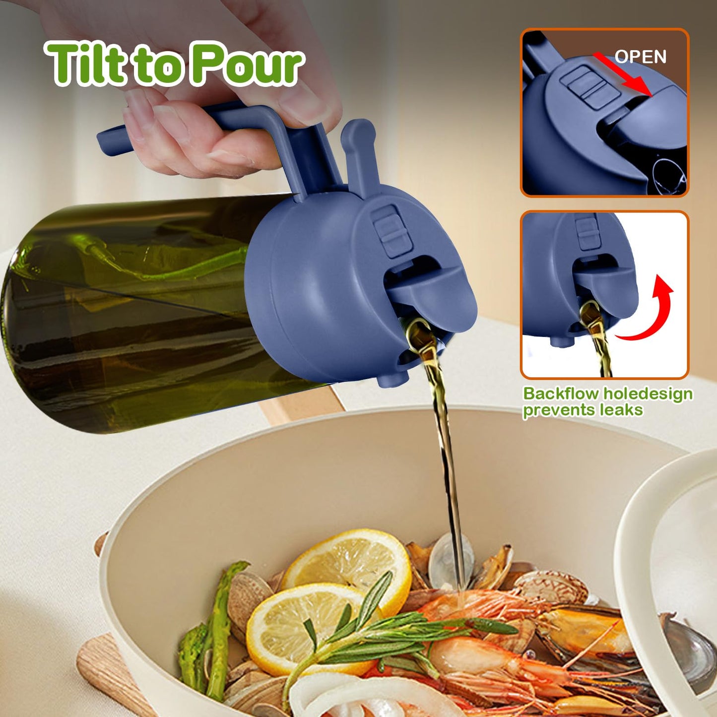 YARRAMATE 2Pcs 16oz/470ml Dark Green Oil Sprayer for Cooking with Stickers, Food-grade Premium 2 in 1 Olive Oil Dispenser Bottle for Kitchen Gadgets, Air Fryer, Salad, Frying, BBQ (Black&Navy)
