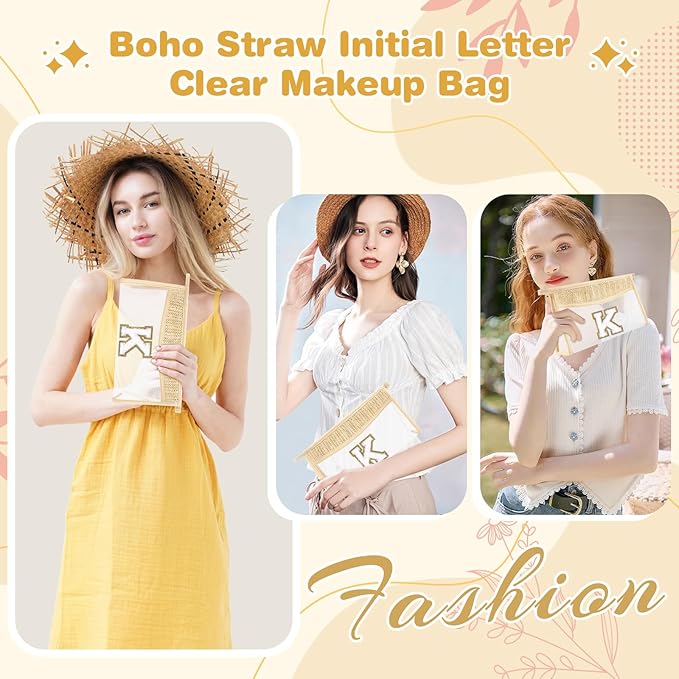 Personalized Initial Letter Bag Boho Straw Clear Makeup Bag,Small Cute Chenille Varsity Letter Pouch With Zipper,Beach Travel Toiletry,Portable Monogrammed Cosmetic Bag for Women Girls,K