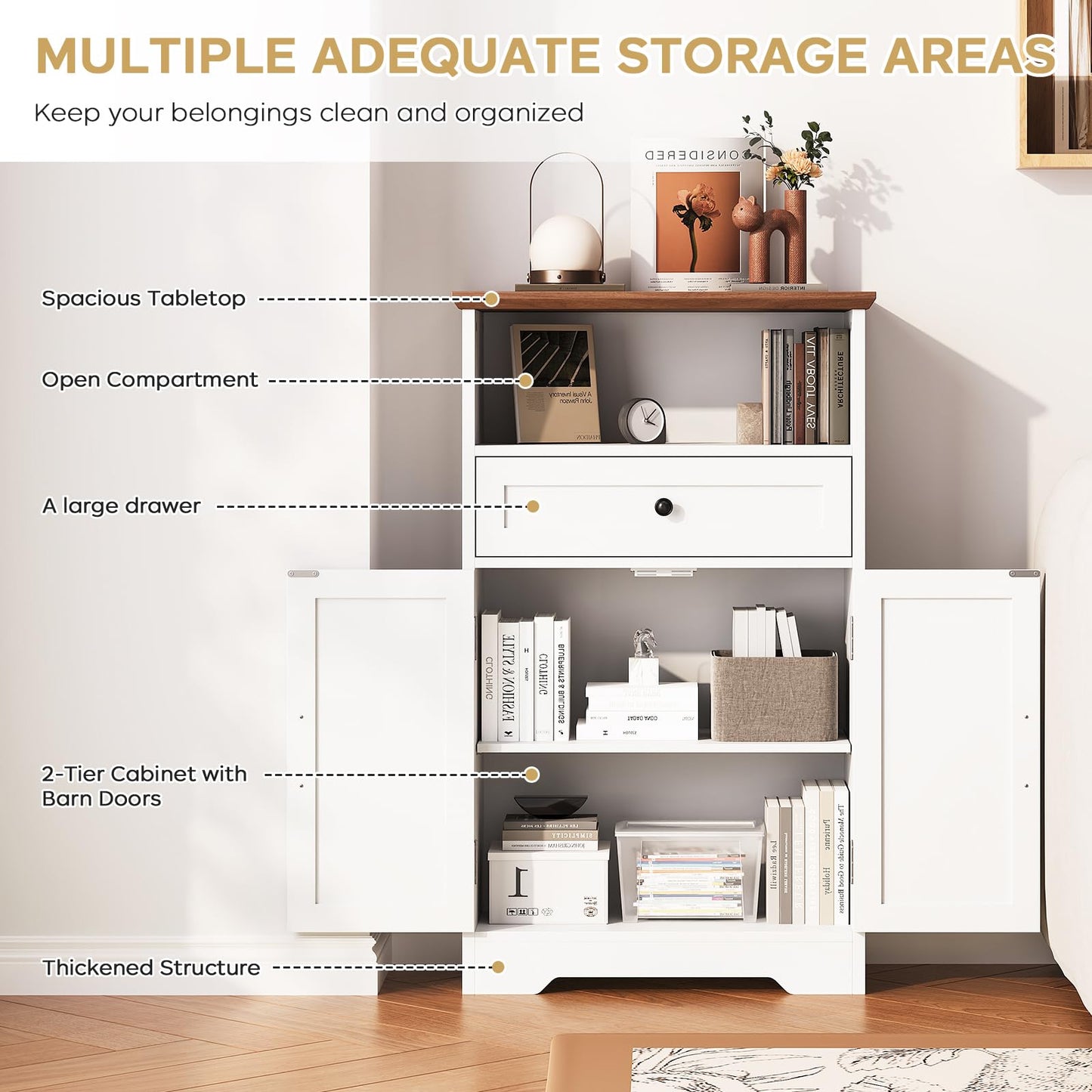 Viroformo Floor Cabinet, Farmhouse Storage Cabinet with Barn Doors and Drawer, 11.81" D x 23.62" W x 39.37" H White Freestanding Adjustable Shelf Organizer for Bathroom, Kitchen, Living Room