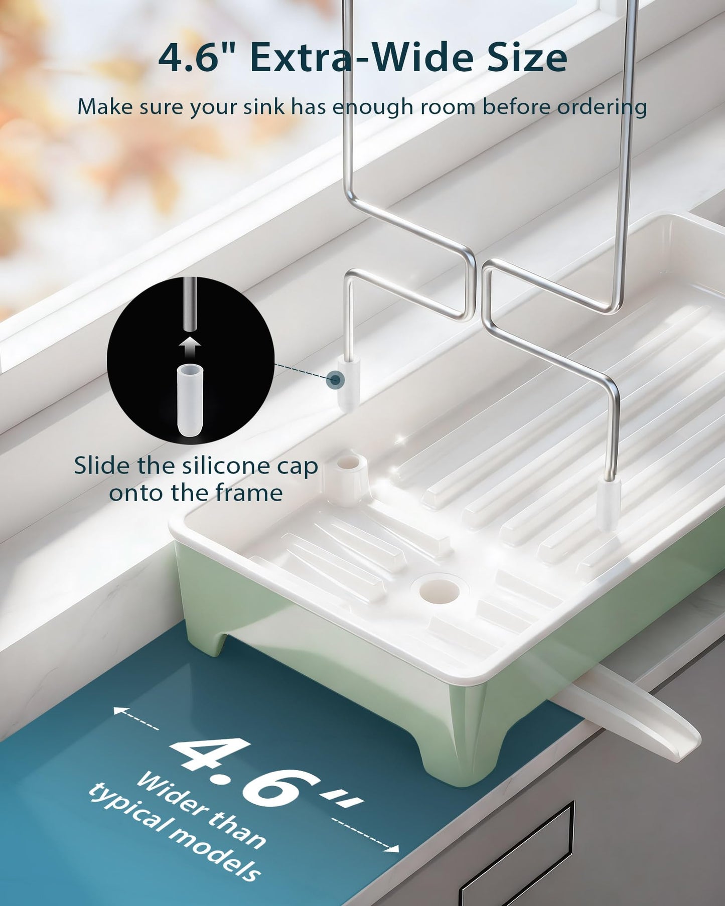 Caumic Minimalist Sink Caddy, Rustproof Sponge Holder for Kitchen Sink with 304 Stainless-Steel Brush Holder, Countertop Rack Organizer with Raised Ridges & Silicone Drain Tube (Mint Green, Large)