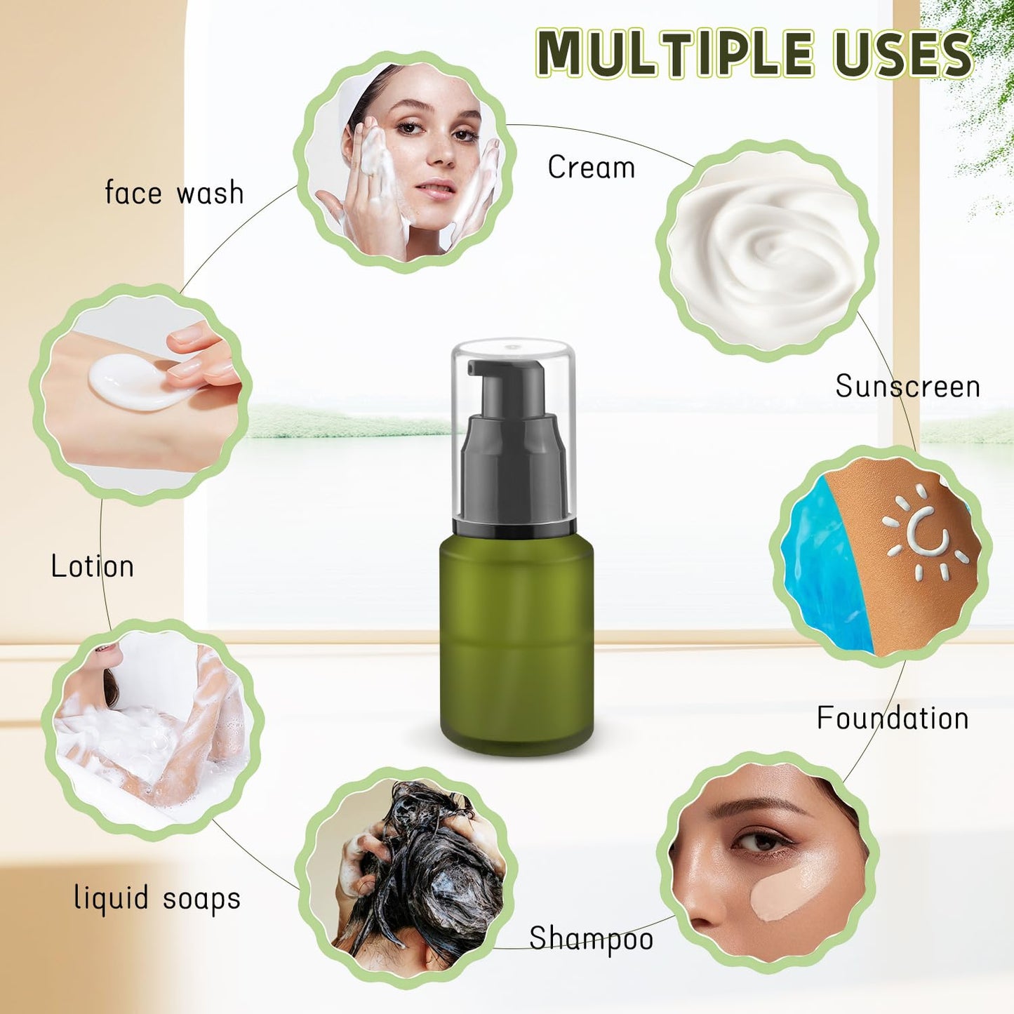 6 Pcs Empty Glass Pump Bottles Refillable Cream Lotion Bottles Travel Sample Bottles Cosmetic Dispenser Bottle Containers For Lotion Cream Emulsion Essence (Green, 30ml/1oz)