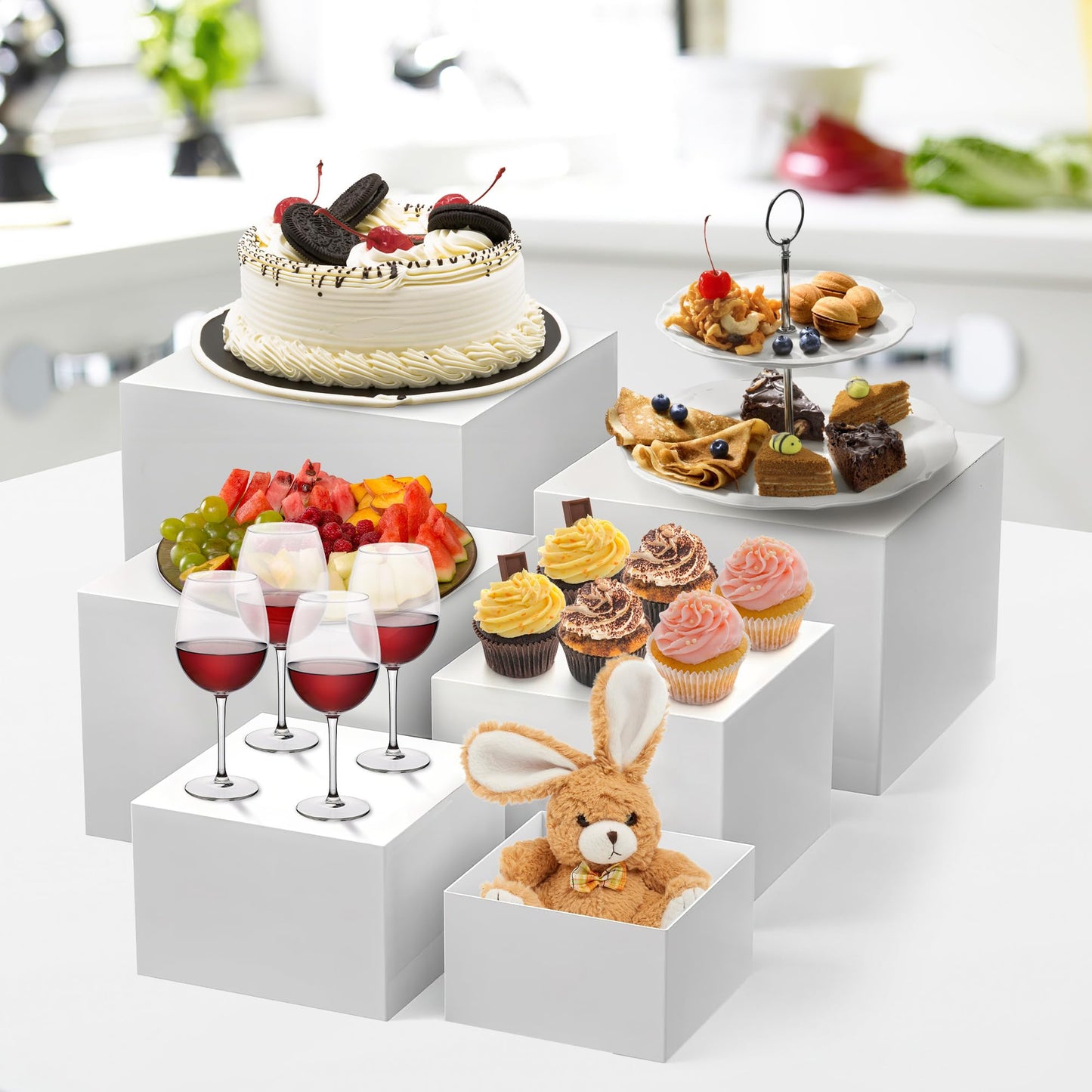 Garvee 6-Piece White Stackable Display Risers for Desserts – Multi-Sized Food Stands for Bakery, Wedding, Buffet, and Retail Display (Nesting & Space-Saving)