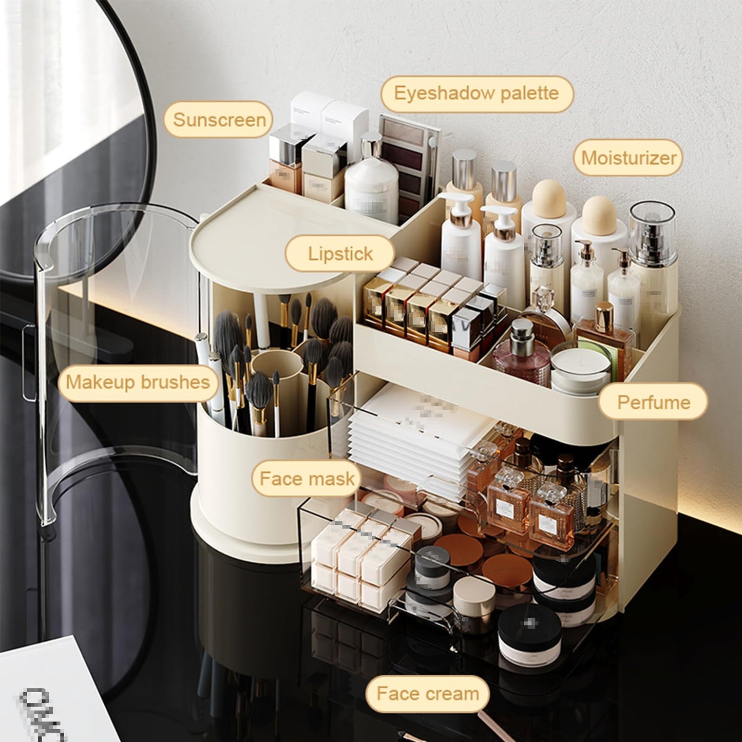 Fortuccai Makeup Organizer with 360° Rotating Brush Holder, Vanity Countertop Skincare Holder, Removable Cosmetic Display Cases, Lotions Storage Box & Dust-proof 4 Slot Make up Brushes Cup (Beige)