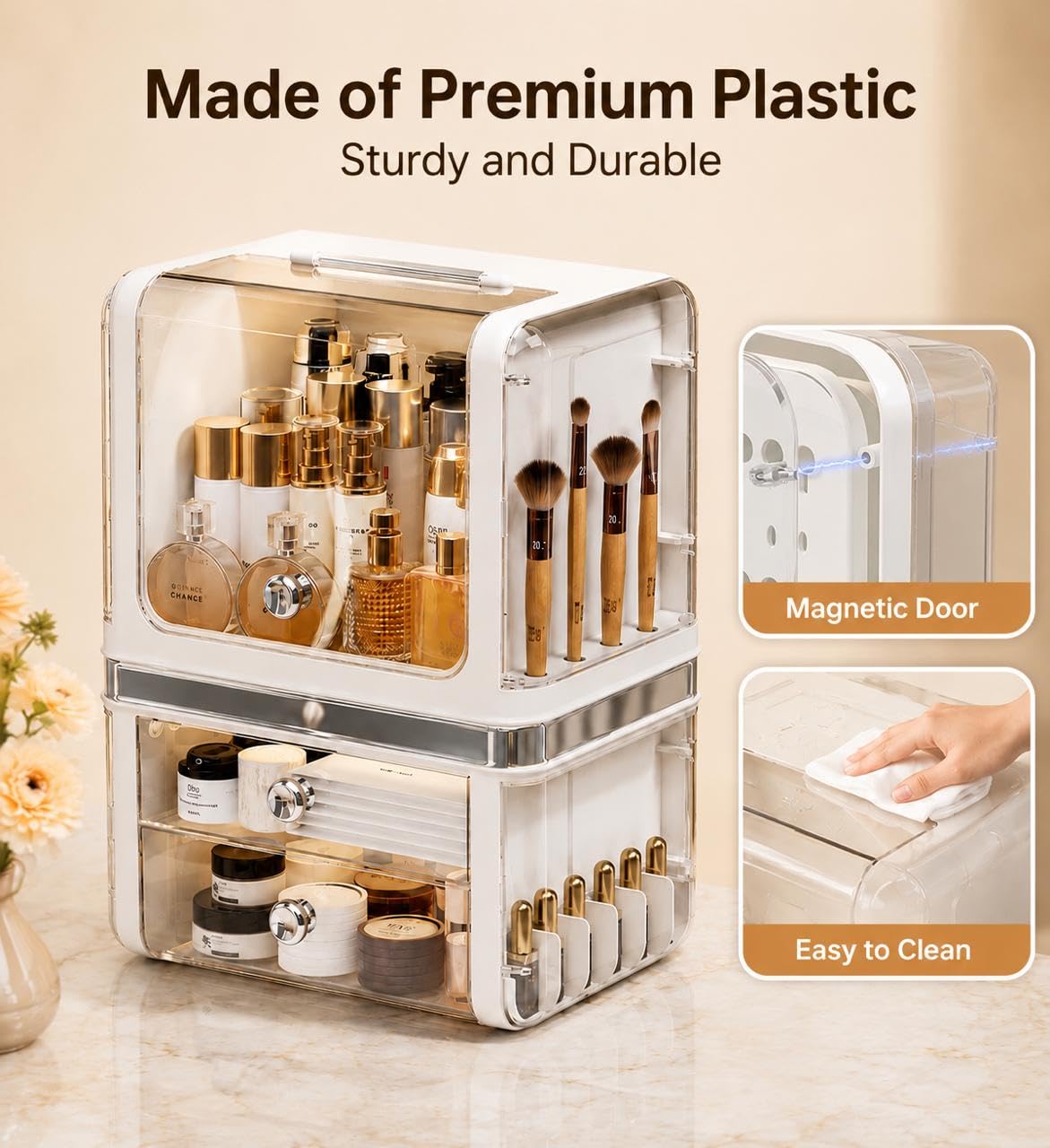 Makeup Organizer with Drawers, Large Acrylic Dustproof Cosmetic Storage Box with Lid, 2-Layer Vanity Organizer for Skincare, Perfume & Bathroom Countertop (28.5 × 20 × 38 cm)