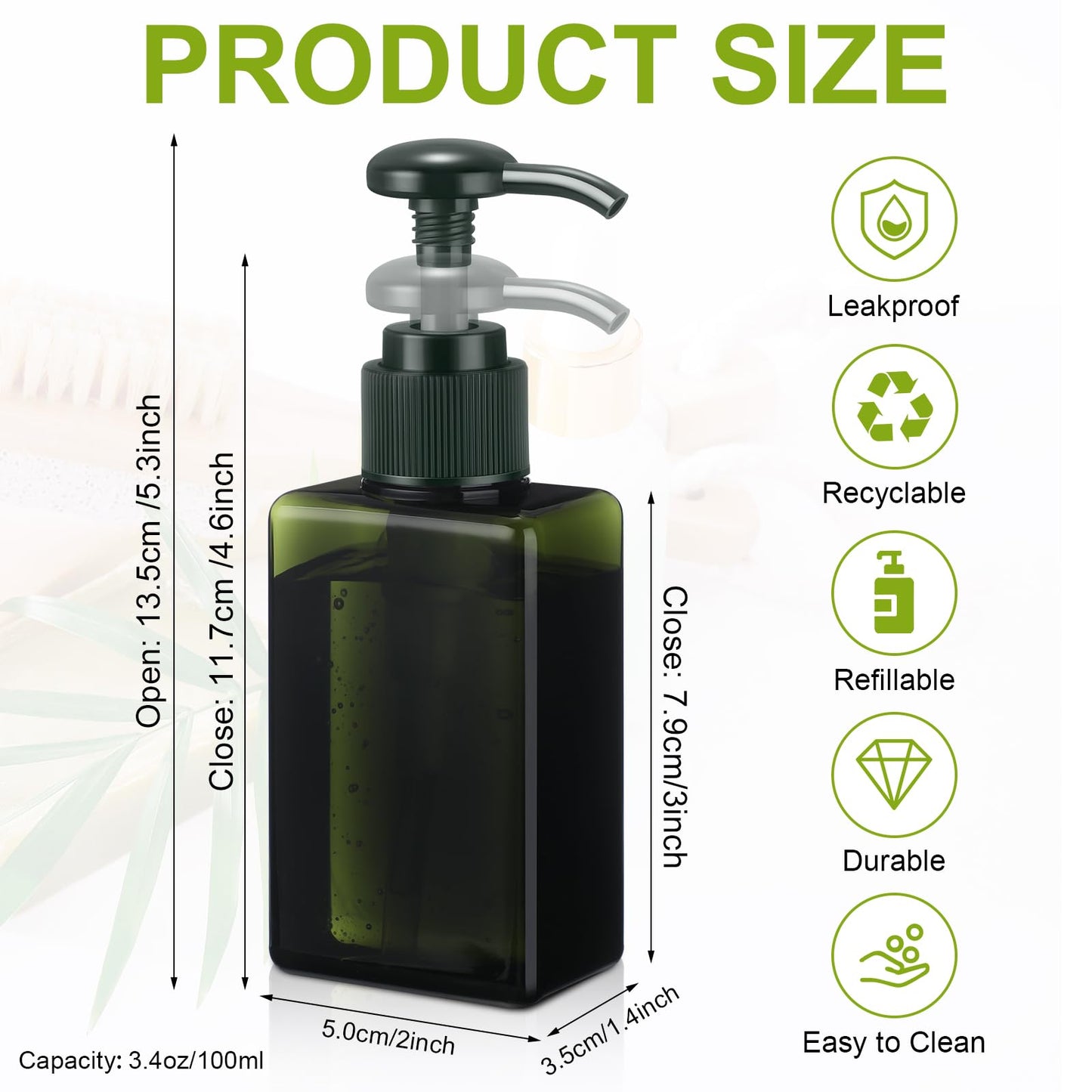 Domensi 24 Pcs 100ml /3.4 oz Pump Bottle Mini Travel Bottles Small Dispenser Containers Plastic Pump Lotion Dispenser Empty Square Travel Size Containers Toiletries (Dark Green)