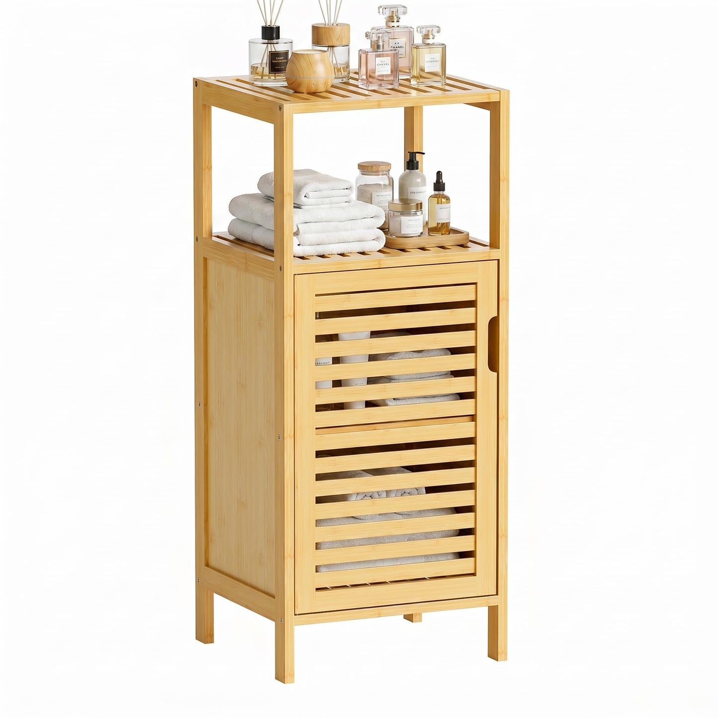 HITNET Bathroom Cabinet Freestanding, Small Bamboo Floor Cabinet, 4 Tier Single Door Sofa Side Table Storage Organizer, Space Saving Kitchen Cupboard, Natural