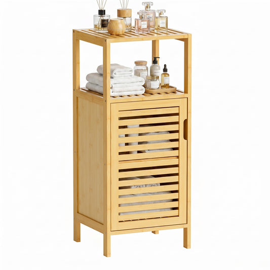 HITNET Bathroom Cabinet Freestanding, Small Bamboo Floor Cabinet, 4 Tier Single Door Sofa Side Table Storage Organizer, Space Saving Kitchen Cupboard, Natural