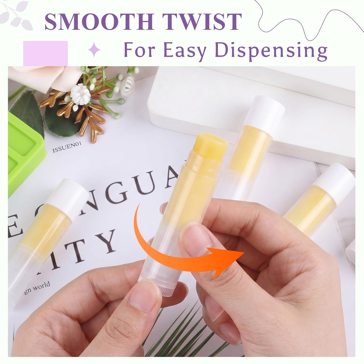 Singhoow 100 Pcs Lip Balm Tubes with 2 Filling Tray and 2 Spatula, 5 g Twist-up Lip Balm Containers with Caps for DIY Homemade Lipsticks, Solid Perfume, Gifts, Bpa Free & Leak Free(White and Clear)