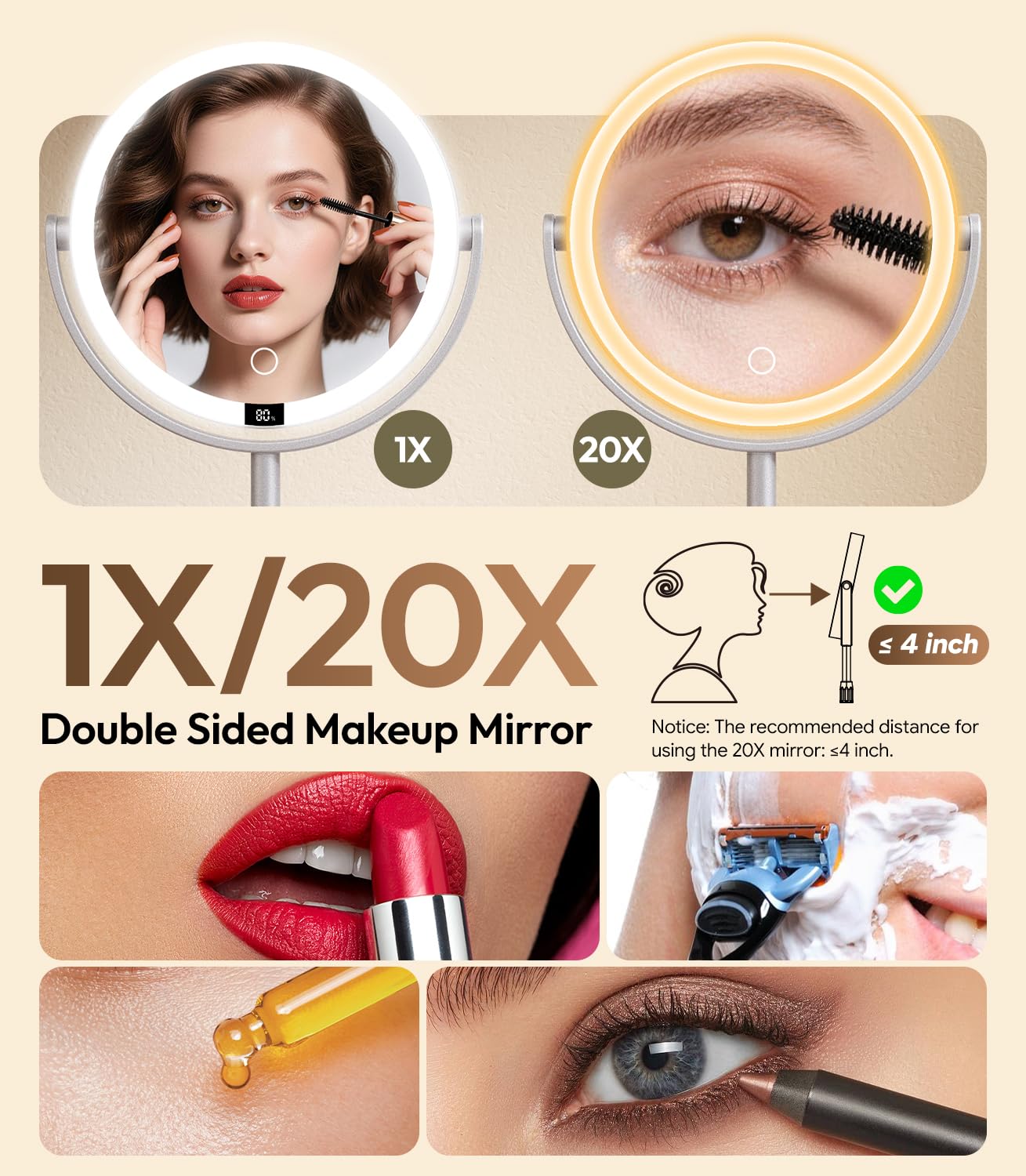 8" ABS Lighted Makeup Mirror with Lights, 1X/20X Magnifying Mirror with Light and Digital Display, 2.6in Height Adjustable, Rechargeable, 3 Color Modes for Makeup & Shaving, Easy to Detach, Women Gift