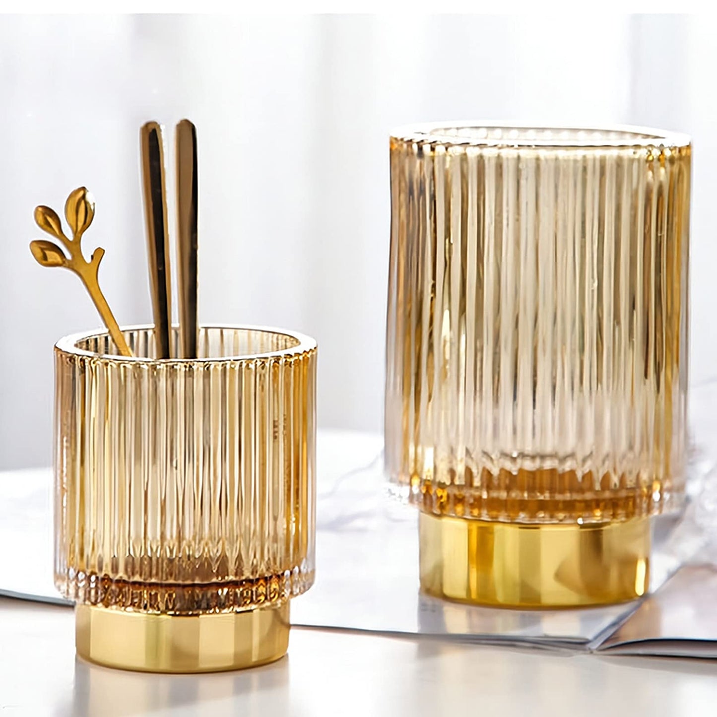 DASITON Makeup Brush holder Organizer,Crystal Cosmetic Makeup Brush Glass Brushes Storage Holder, Vintage Make Up Brush Cup Pen Pencil Holder striped vase(Coffee S＋L)