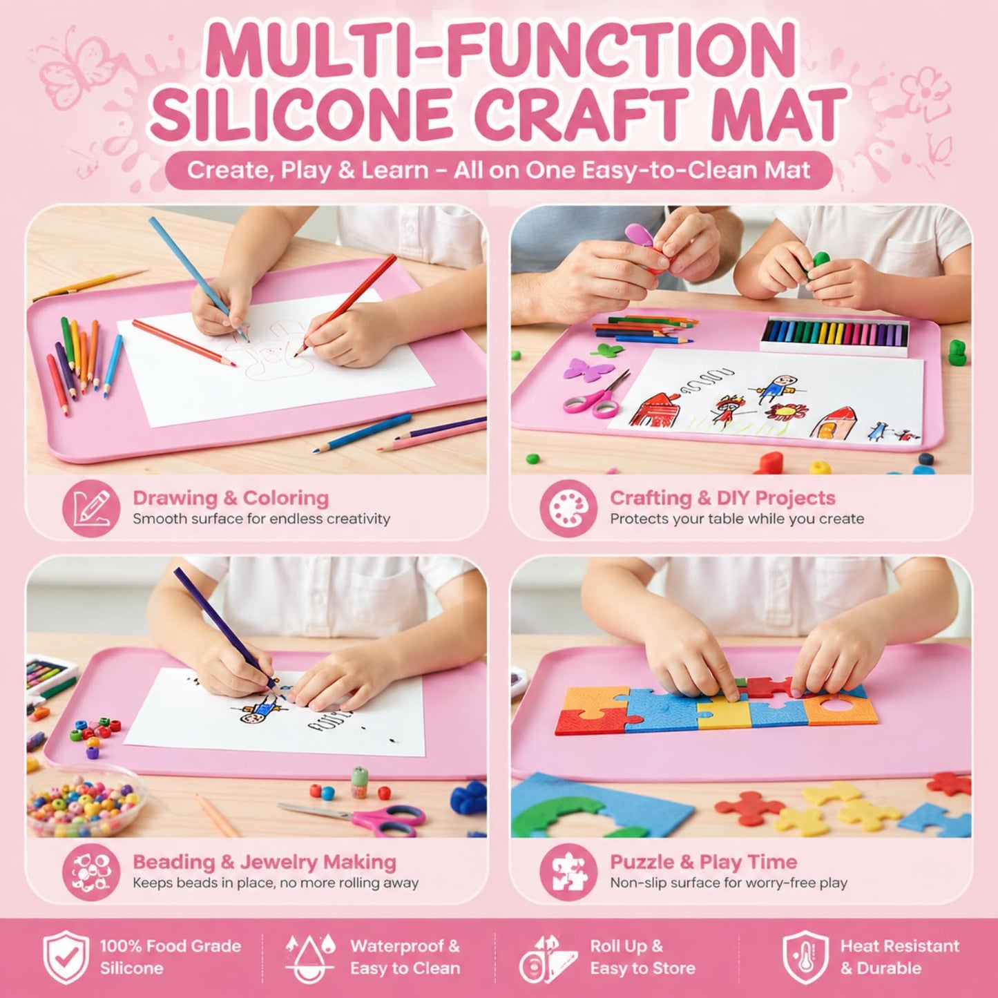 Silicone Mats for Crafts, 24" x 16" Silicone Craft Mat with 0.7" High Raised Edges to Contain Spills, Food Grade Large Painting Mat for Resin, Clay, Slime, Jewelry Making (Pink)