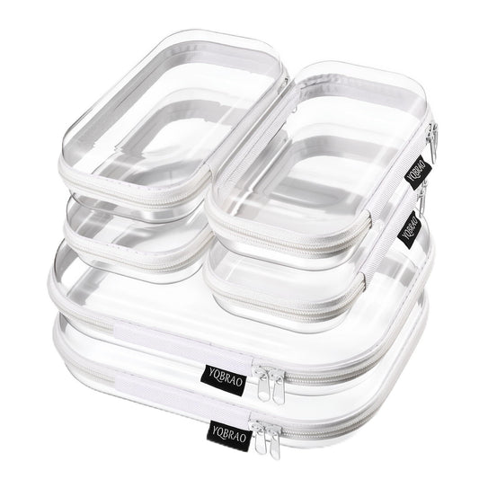 YQBRAO 6 Pack Clear Hard Shell Beauty Organizer (2M+4S), 1.2mm Crush-Proof Cosmetic Case, Reinforced YKK Zippers, Stadium Approved Security Bag for Skincare, Toiletries & Electronics, Multi-Size Set