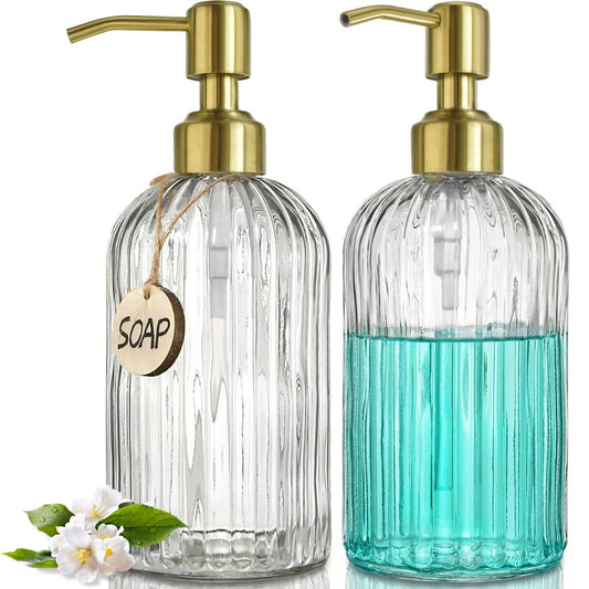 JASAI 2PACK 18Oz Fluted Glass Soap Dispenser with Golden Rust Proof Pump, Refillable Kitchen soap Dispenser with Vertical Stripe, Bathroom Soap Dispenser for Dispense Hand soap, Dish Soap, Lotion.