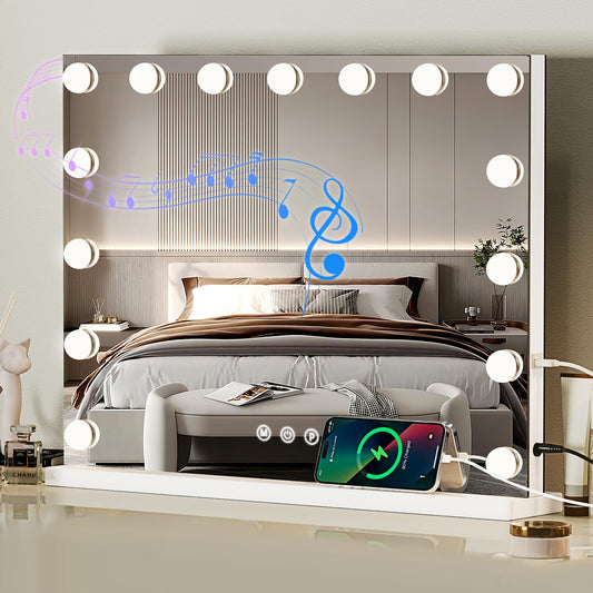 ZBOCAI Vanity Mirror with Lights and Bluetooth, Hollywood Mirror for Desk/Wall-Mount, 3 Color Modes Light up Mirror with 15 LED Bulbs USB Charging Port and 10X Magnification, Gifts for Women, 23"X18"
