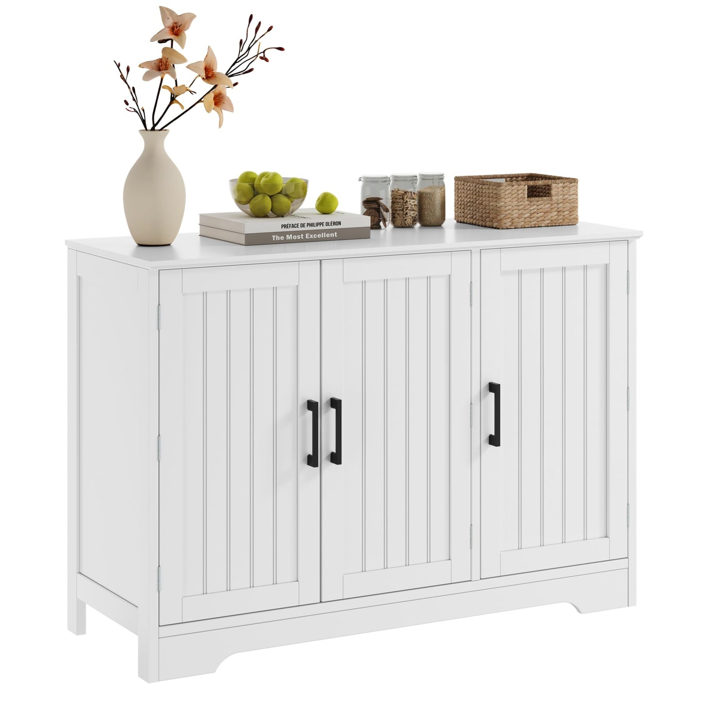 ChooChoo Modern Sideboard Buffet Cabinet, Coffee Bar Storage Cabinet with Doors and Adjustable Shelves, Kitchen Storage Cabinet for Dining Room, Living Room, White