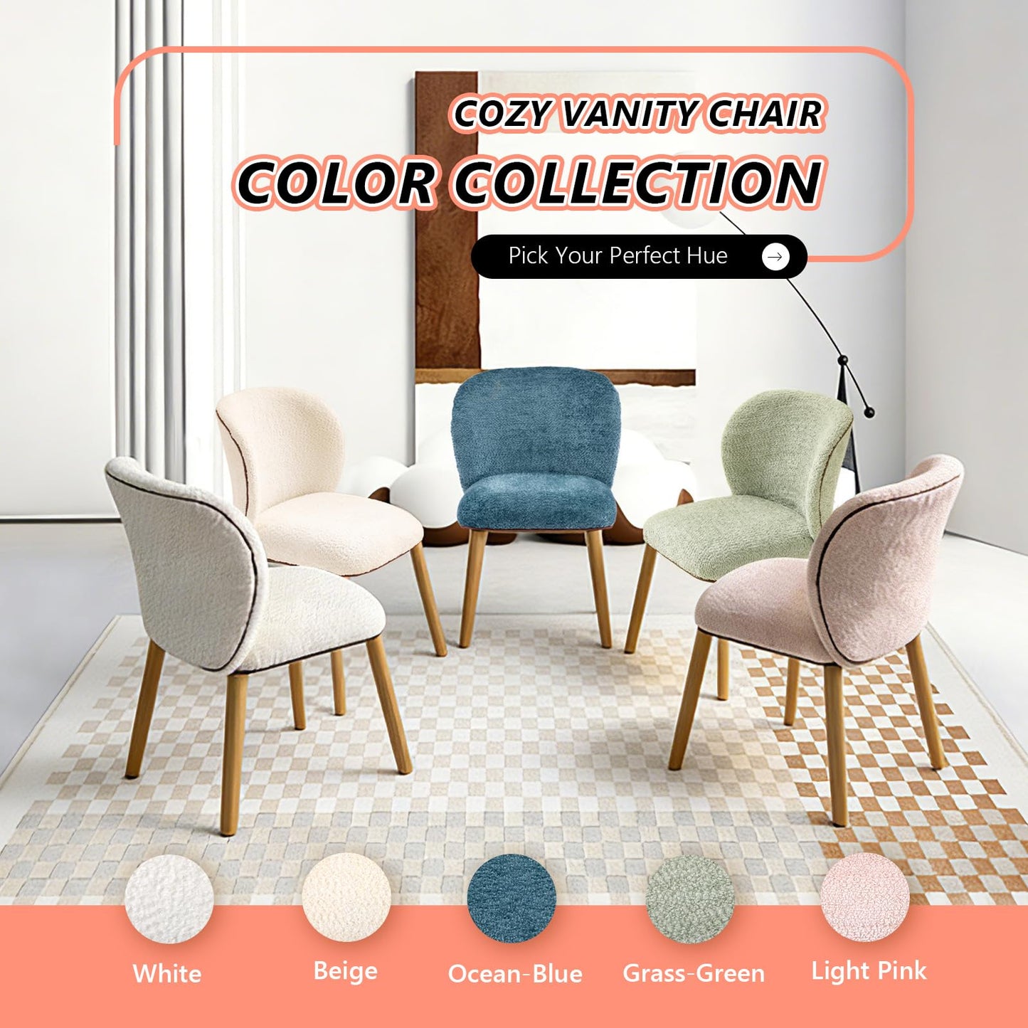 VINGLI Chenille Curved-Back Armless No Wheels Vanity Chair for Girls, Cute & Furry Upholstered Desk Chair with Solid Wood Legs for Study/Makeup/Bedroom/Dressing, Fluffy Makeup Chair for Teens, White