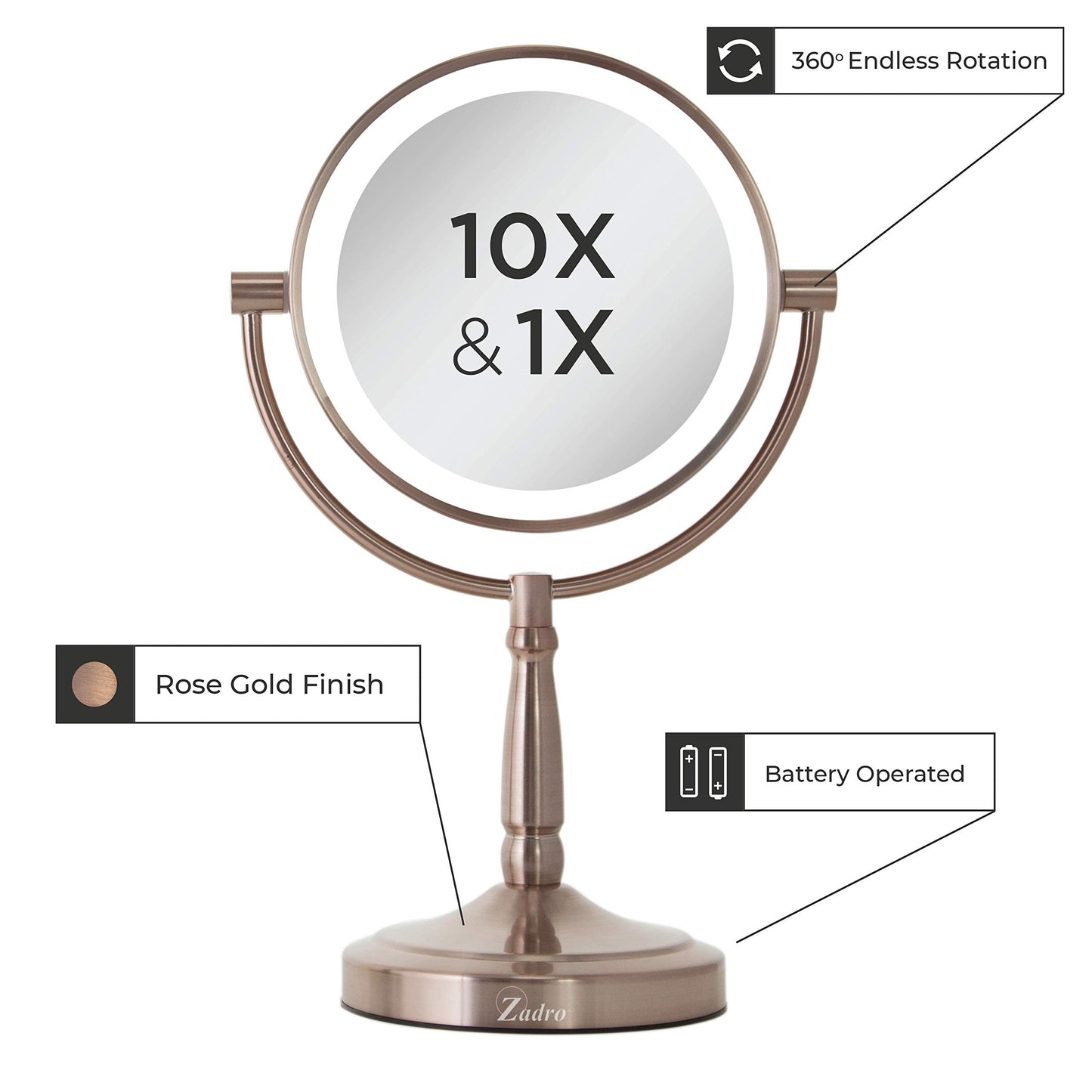 Zadro 9" Round LED Makeup Mirror with Lights and Magnification 5&10X/1X AA Battery Operated Swivel Lighted Makeup Mirror