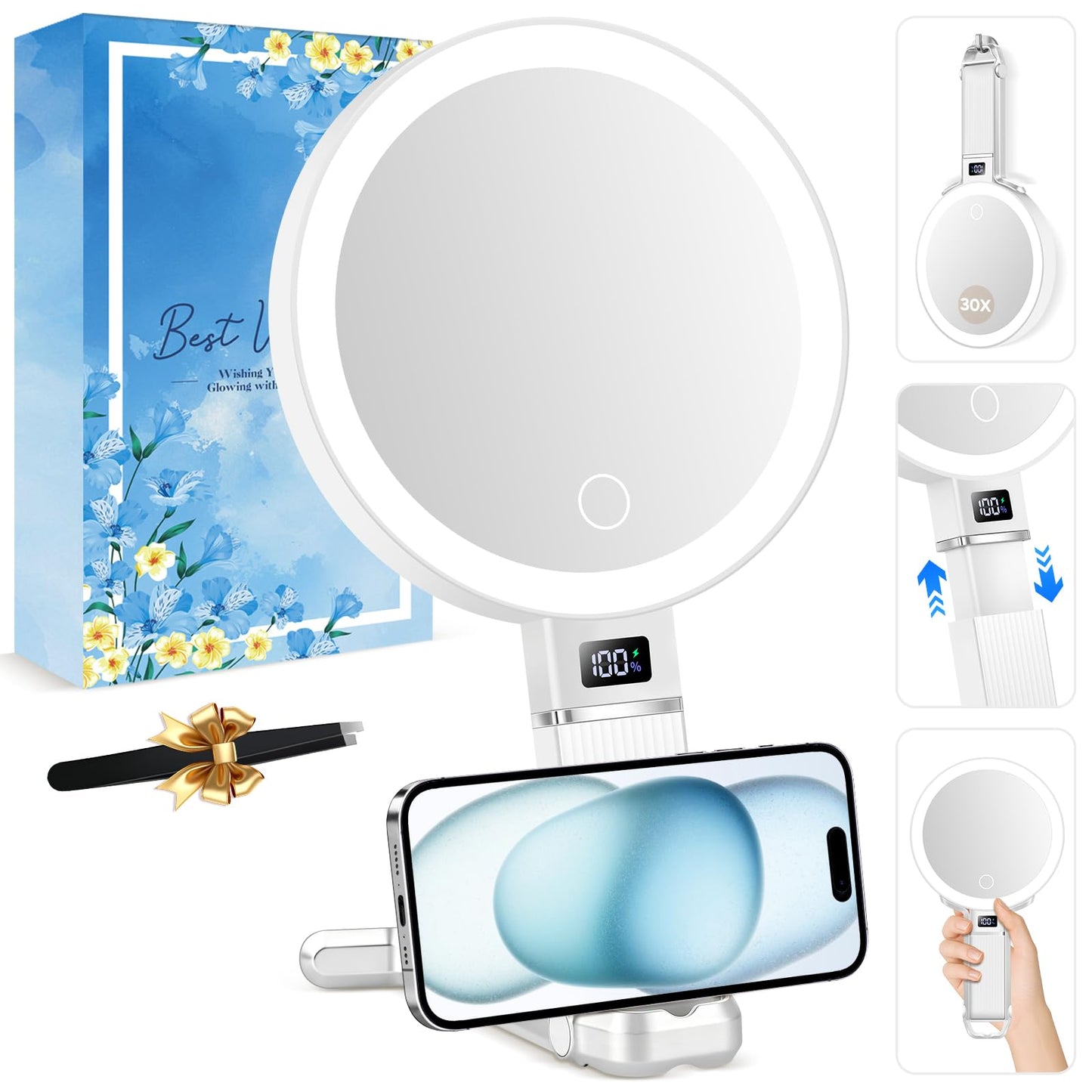30X Travel Magnifying Mirror with Light, Height Adjustable Vanity Mirror with Phone Holder Stand, Portable Compact Handheld Makeup Mirror with Smart Display for Travel, Bedroom & Daily Makeup Use
