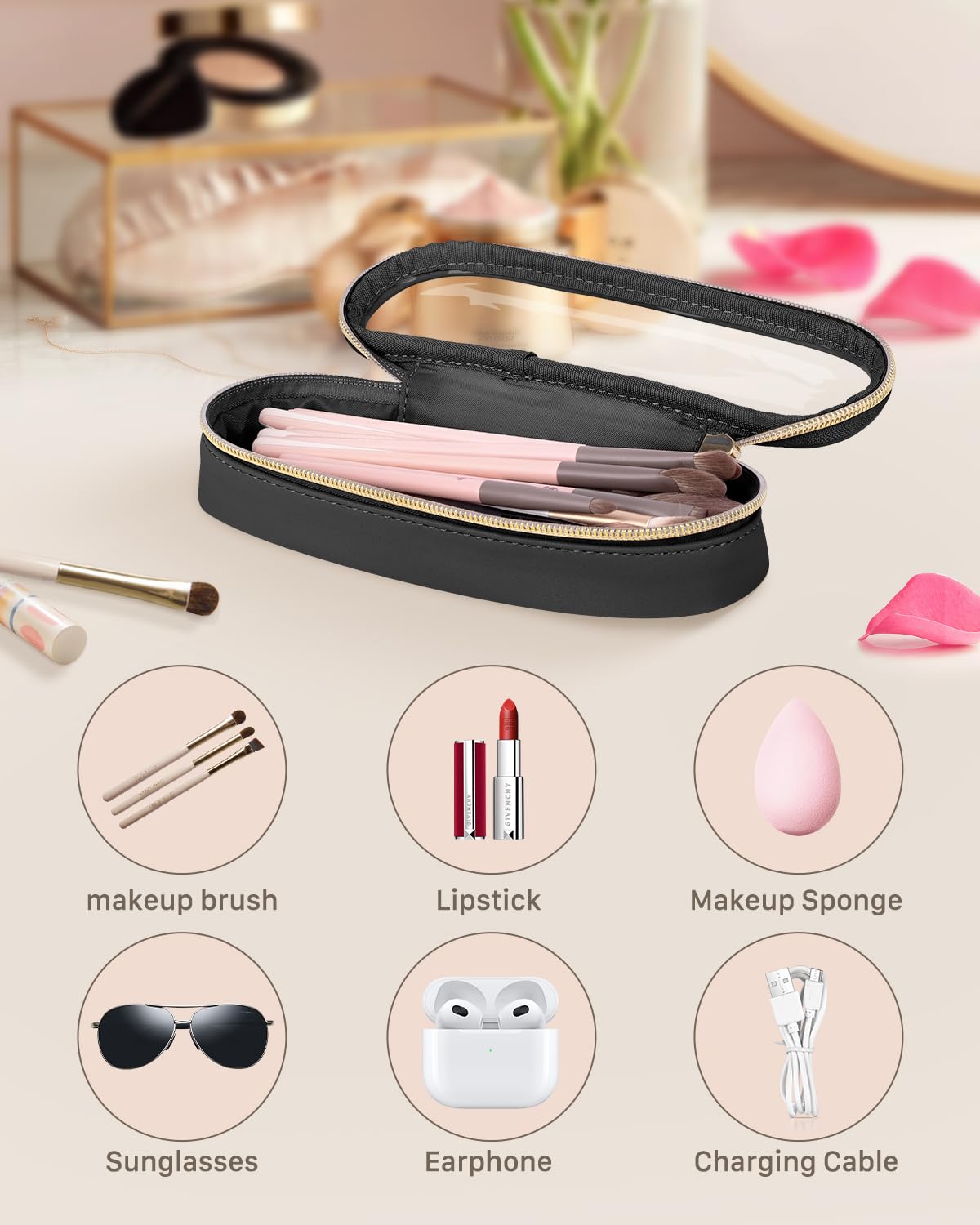 Soimeat Clear Travel Makeup Brush Holder, Leather Makeup Brush Toiletry Bag, Portable Cosmetic Brush Case, Transparent Waterproof Makeup Brush Storage Bag, Black, Large