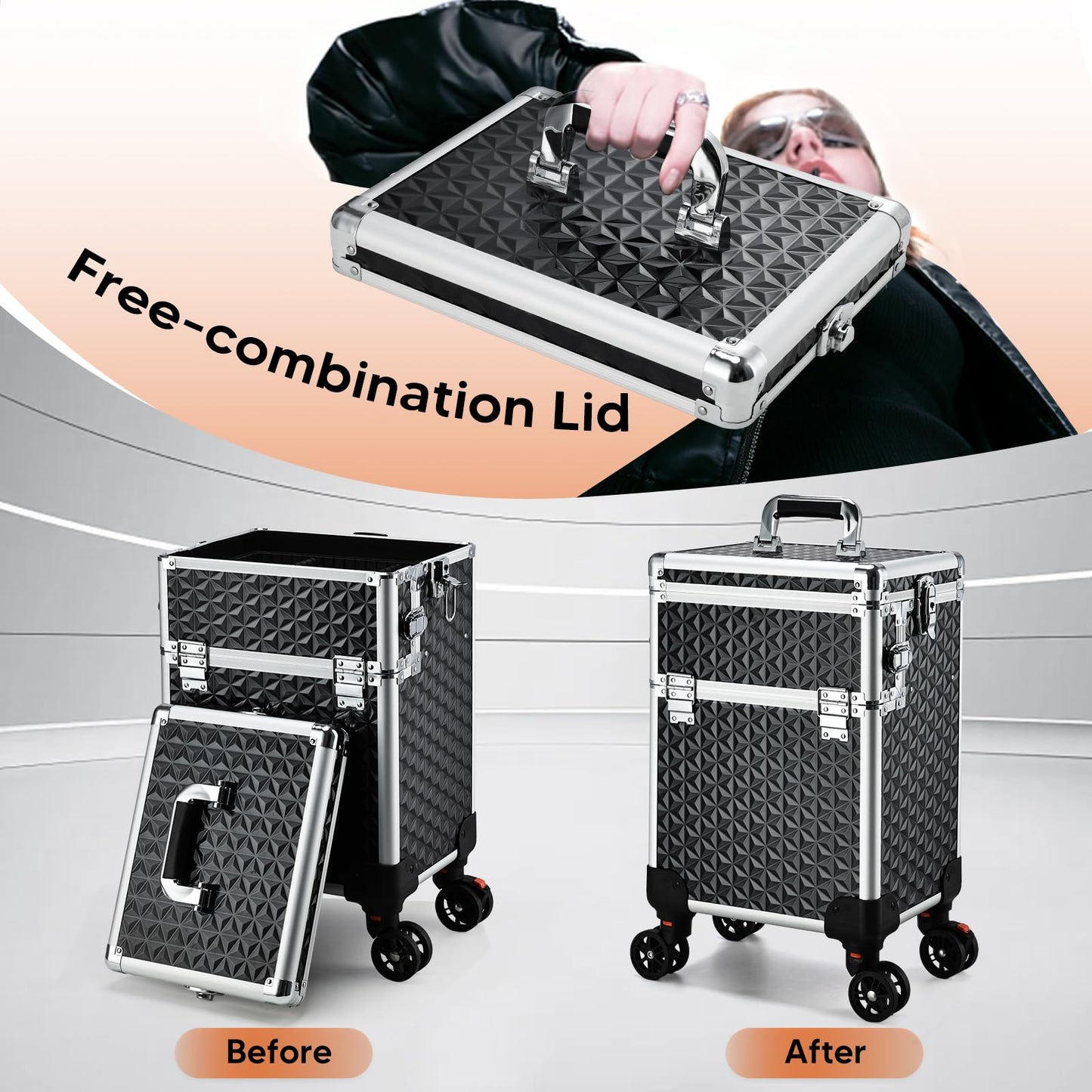 Professional Rolling Makeup Case, 3 in 1 Makeup Train Case, Cosmetology Case on Wheels, Large Makeup Trolley Salon Barber Traveling Trunk Suitcase for Makeup School Nail Tech Hairstylist MUA, Black