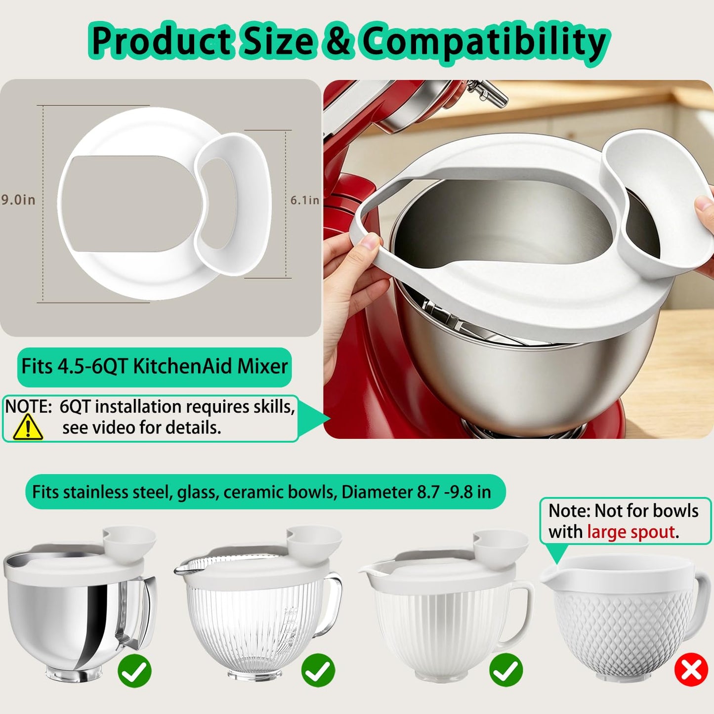 Flour Funnel with Pouring Shield for KitchenAid 4.5-6QT Mixer, Silicone Splash Guard with Flour Funnel for Kitchen Aid Mixer Tilt-Head and Bowl-Lift, Dishwasher Safe Baking Tool (White)