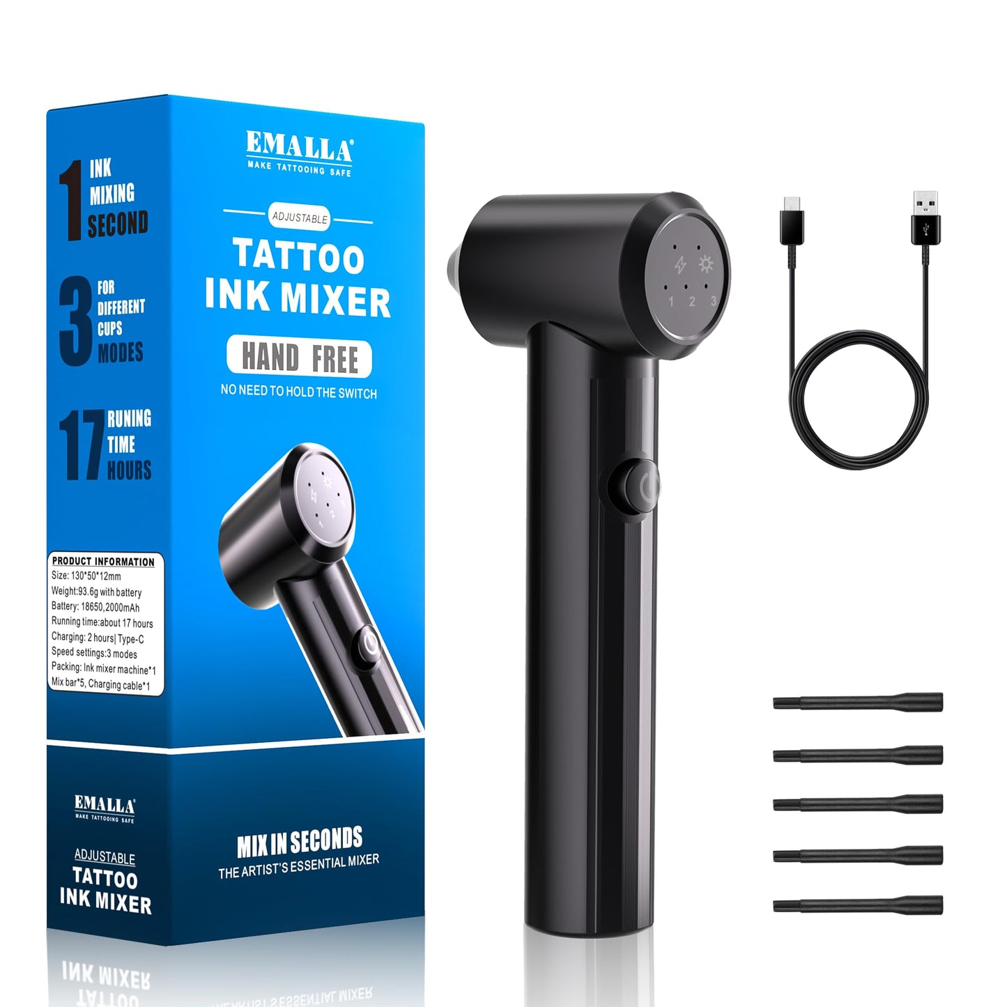 Emalla Tattoo Ink Mixer Machine Kit with 55pcs Ink Mixer Sticks Adjustable 3-Speed Tattoo Mixer for Ink 17 Hours Running Time Pigment Machine Portable Fast Electric Ink Mixer for Tattoo Supplies