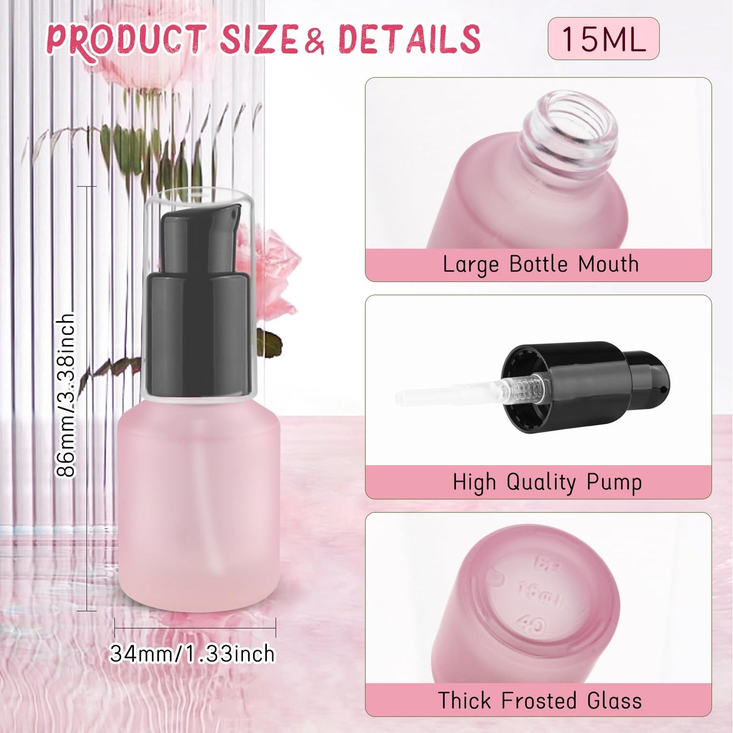 Wresty 6 Pcs Empty Glass Pump Bottles Refillable Cream Lotion Bottles Travel Sample Bottle Cosmetic Dispenser Bottle Containers For Lotion Cream Emulsion Essence (Pink, 15ml/0.5oz)