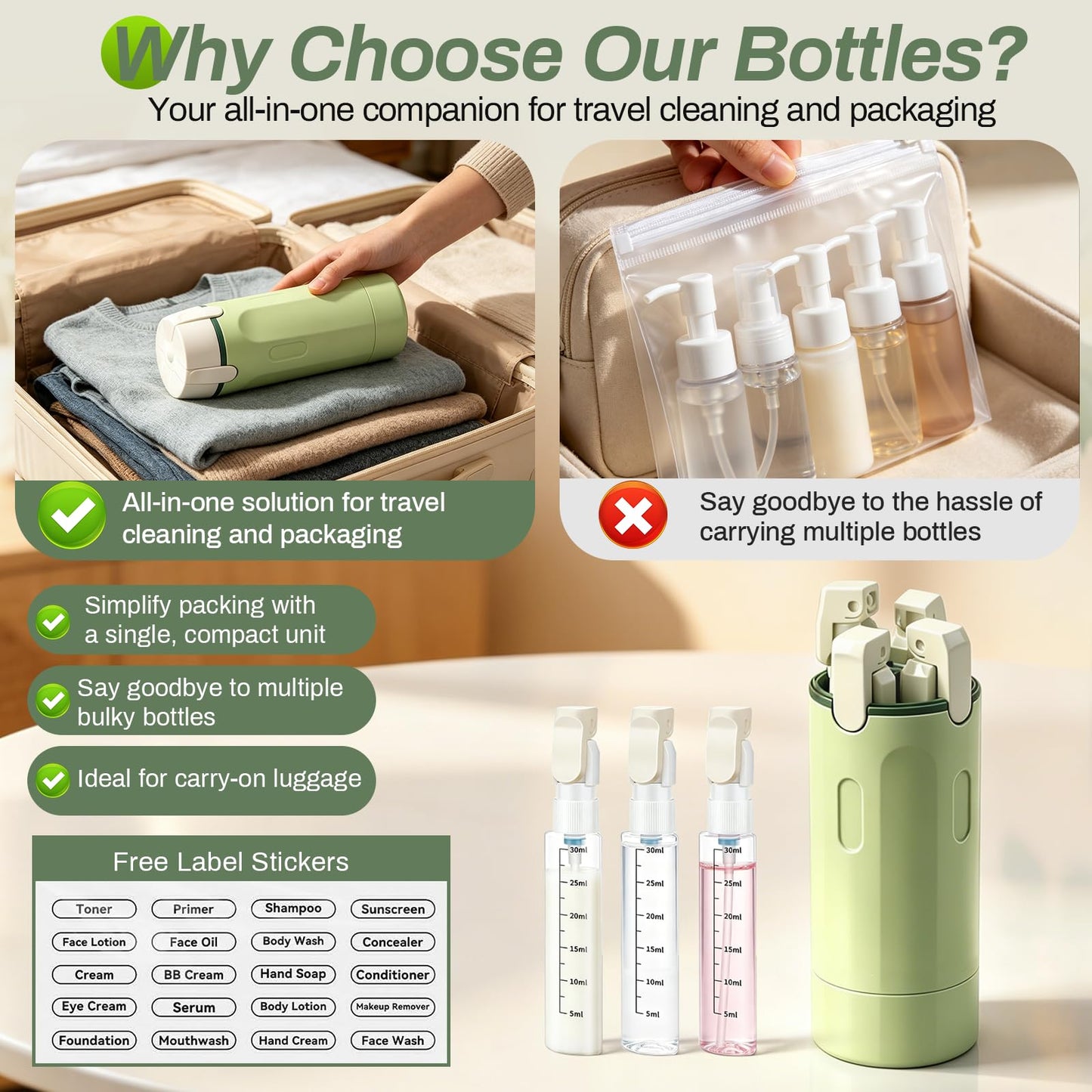 CLRDZN 4 in 1 Travel Dispenser Bottle, 4 Pack 30ML Travel Bottles for Toiletries, 4 in 1 Travel Dispenser with Label, Leakproof & TSA Approved Portable Containers for Shampoo Lotion Conditioner Cream