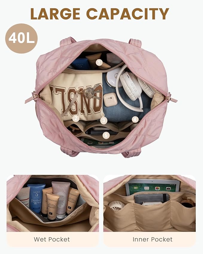 LOVEVOOK Travel Duffle Bag, Lightweight Weekender Bags for Women with Shoe Compartment,40L Puffer Gym Bag Personal Item Travel Bag, Quilted Overnight Bags and Hospital Bag for Labor and Delivery