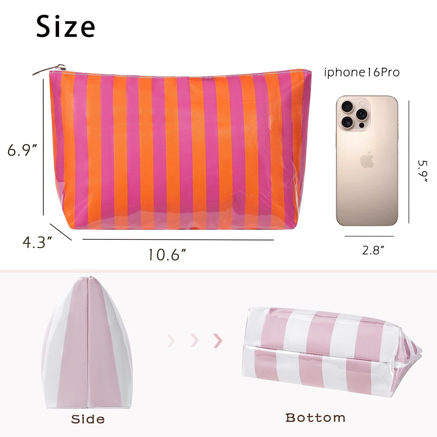 Lestikave Large PVC Waterproof Striped Makeup Bag,Clear Coated Cosmetic Bags,Easy to Clean,Travel Organizer Zipper Pouch Beach Vacation Essentials for Women Girls(11Orange Purple)