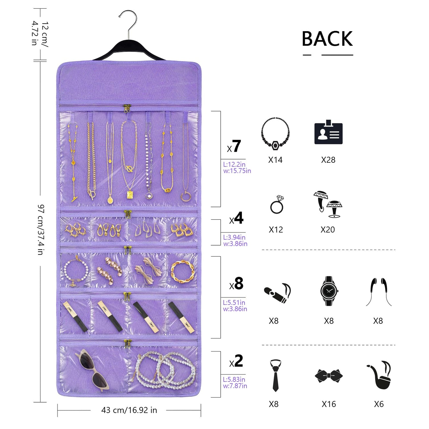 SMRITI Hanging Jewelry Organizer with Dual Zippered Pockets Canvas Double Sided Rotating Hanger Necklace Hanging Wall Organizer Earring Dustproof Holder Wall Mount Accessories Display Bag(Purple)