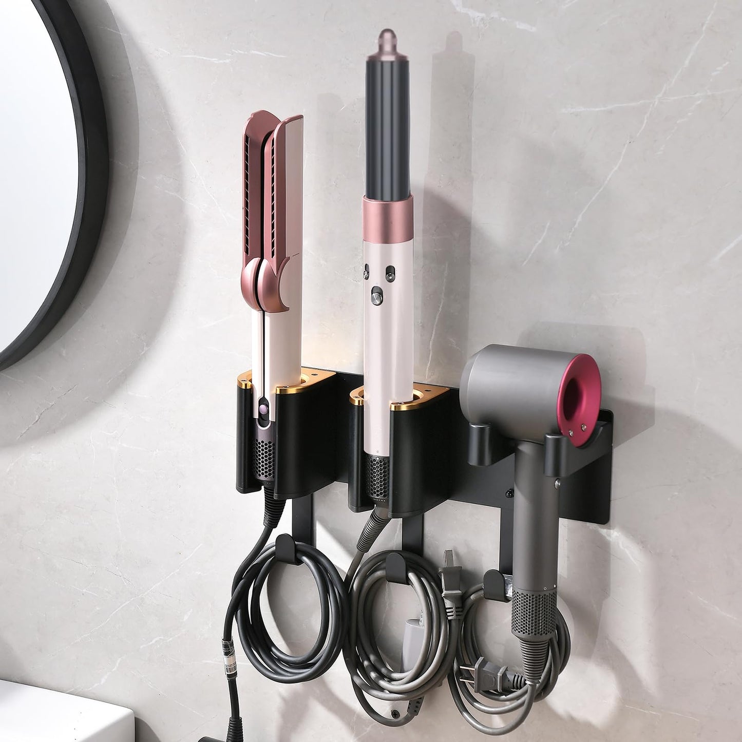 HAVICATO Hair Tool Organizer Wall Mount, Hair Dryer Curling iron Organizer, Flat Iron Straightener Holder, Aluminum Alloy & ABS plastic, Black and Gold (Not Including Hair Tools)