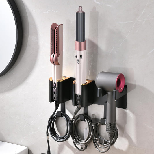 HAVICATO Hair Tool Organizer Wall Mount, Hair Dryer Curling iron Organizer, Flat Iron Straightener Holder, Aluminum Alloy & ABS plastic, Black and Gold (Not Including Hair Tools)
