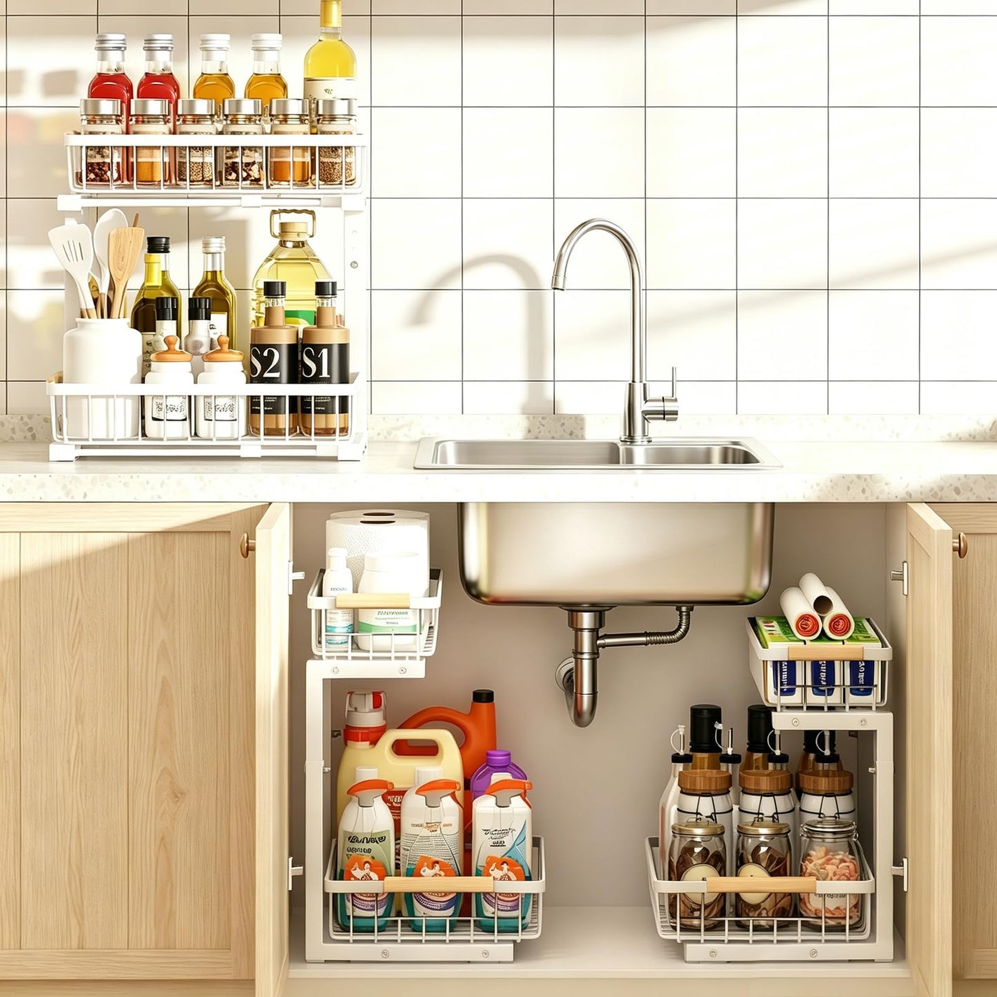 REALINN Under Sink Organizer, 2 Pack Height Adjustable Under Sink Organizers and Storage, 2 Tier Pull Out Drawer Cabinet Storage for Kitchen Bathroom, White