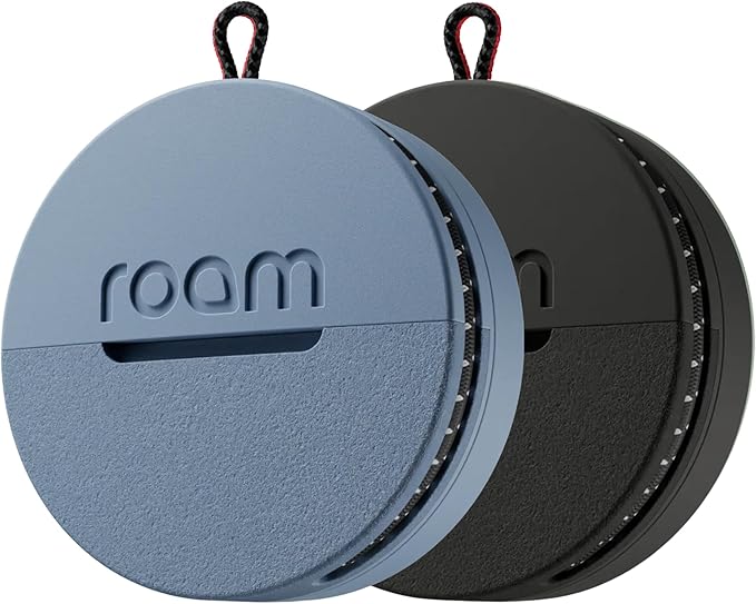 Roam Smart Tracker | Eco-Friendly Travel Tracker with Built-in Elastic Strap | QR Lost & Found, Global Find My Network | Replaceable Battery | No Extra App or Subscription | 2-Pack, Black & Blue