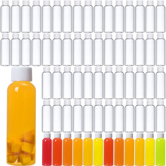 Eccliy 100 Pcs 2oz Clear Plastic Bottles Mini Bottle with Screw Lid Small Empty Reusable Liquid Vial Freezer Safe Container Leak Proof for Juice Milk Water Wedding Party
