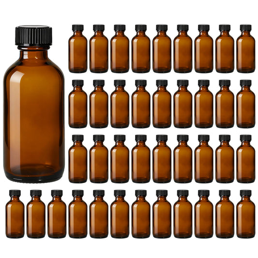 40 Pack 2oz Amber Glass Boston Round Bottles with Polycone Leak-Proof Phenolic Caps – Brown Airtight Refillable Containers for Homemade Vanilla Extract, Essential Oils, Herbal Medicine, and Syrups