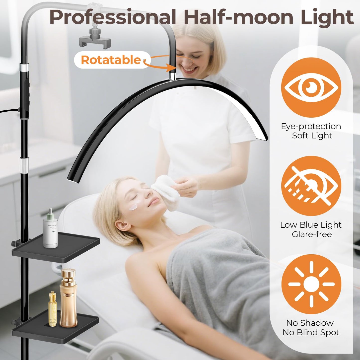 young master Half Moon Lash Light, 24W 1500LM Dimmable LED Floor Lamp with Adjustable Height for Lash Techs, Tattoo & Nail Artists, 4 Color Modes, Phone Holder & 2 Trays