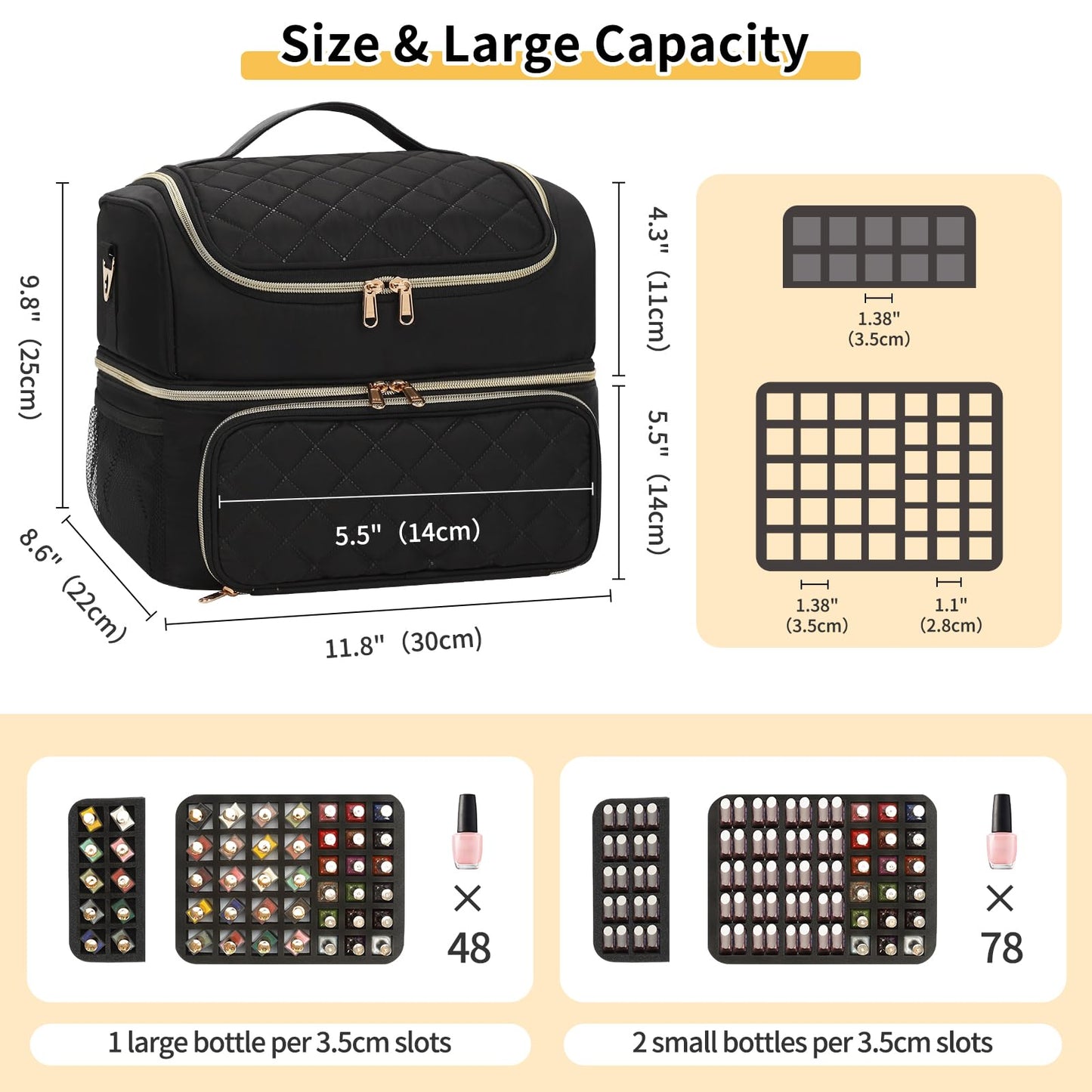 CUBETASTIC Nail Polish Organizer & Storage Bag for 48 Bottles & Full-Size Lamp, Double-Layer Travel Case Box for Nail Supplies, Manicure Kit & Pedicure Tools (Black, 48 Slots)