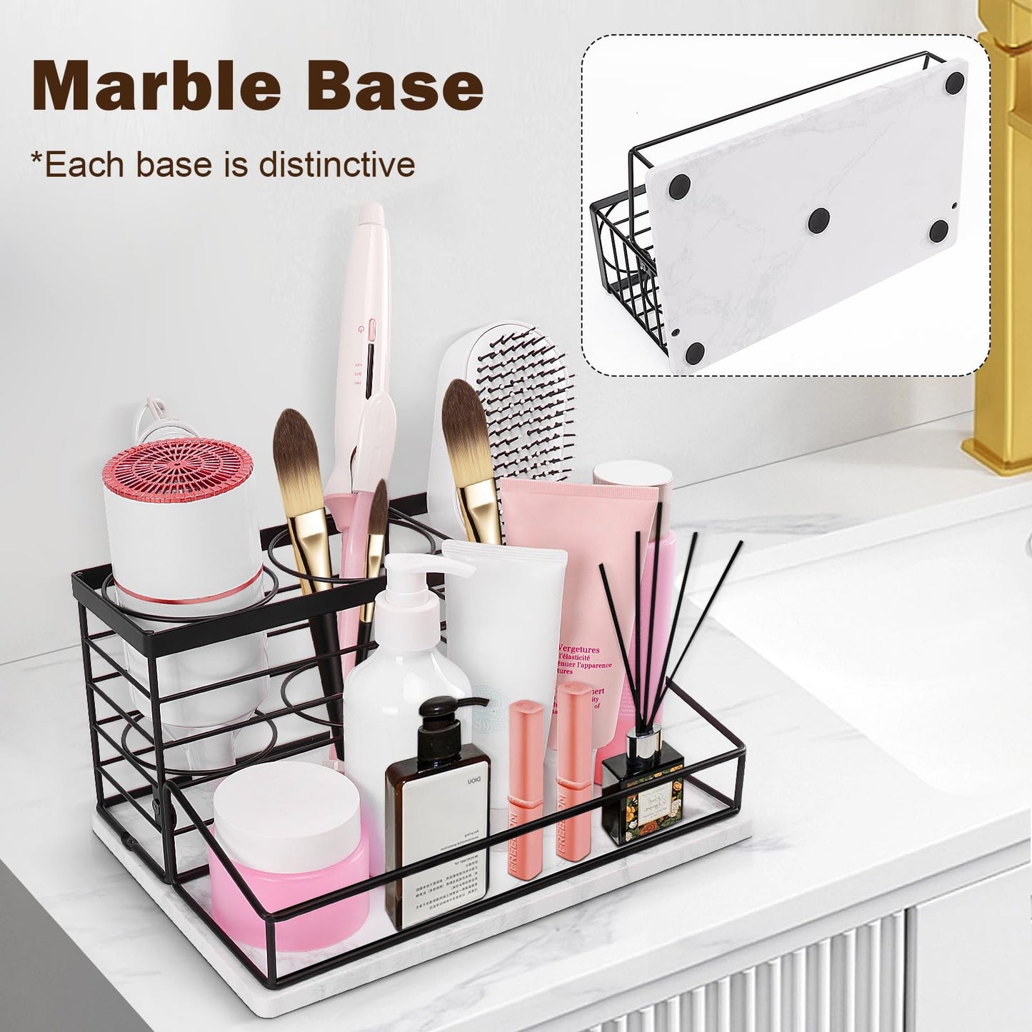 Siyzda Hair Tool Organizer, Movable Hair Dryer Holder, Hair Styling Tools Storage for Vanity, Bath Counter Organizer, Bathroom Trays for Hair Toiletry, Makeup (12" x 7.7" x 5.8", Marble-Black)