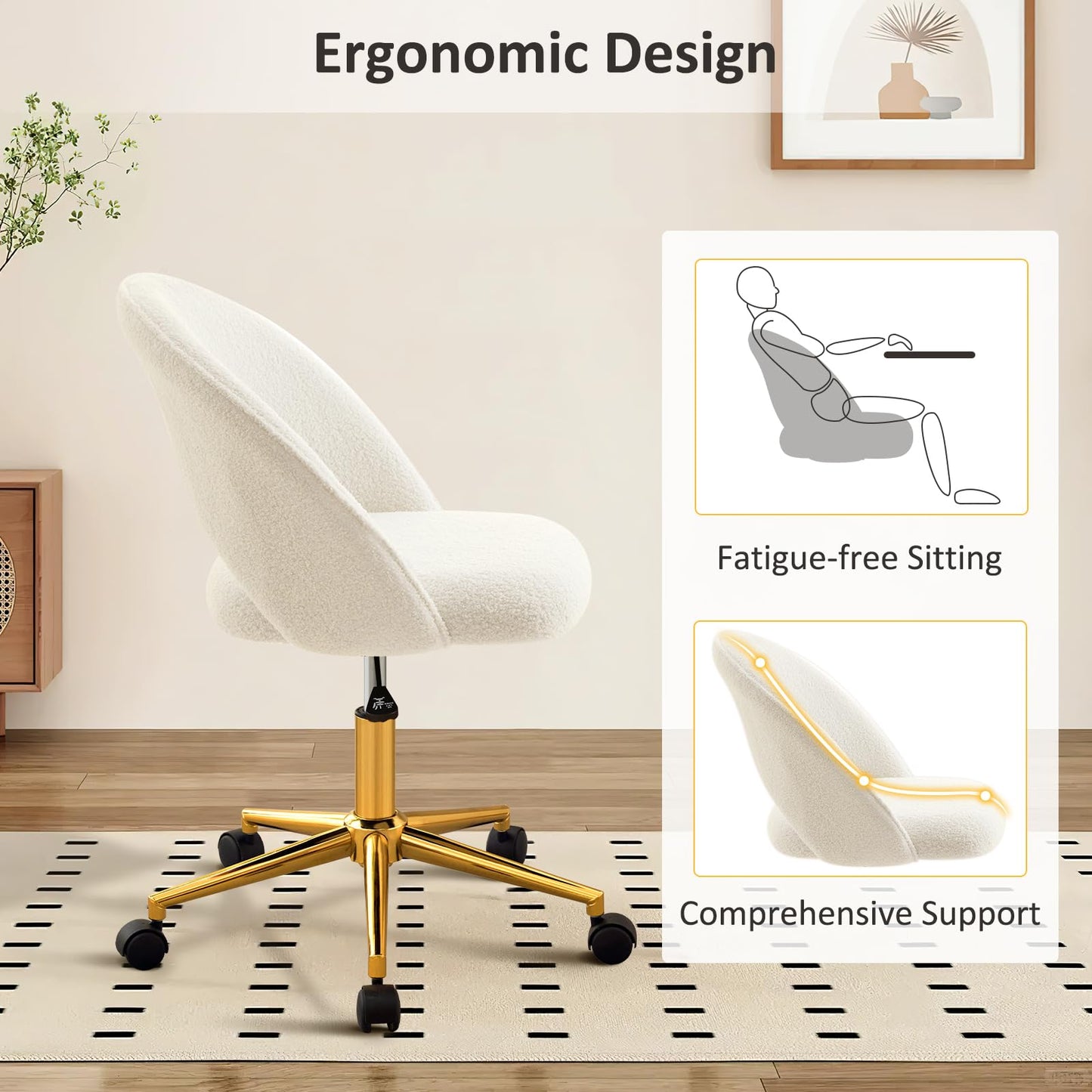 Vanity Chair with Back, Cute Office Desk Chair with Wheels for Girls, Upholstered Armless Accent Chair with Gold Metal Height Adjustable Soft Sherpa Fabric for Living Room/Makeup Room/Bedroom,White
