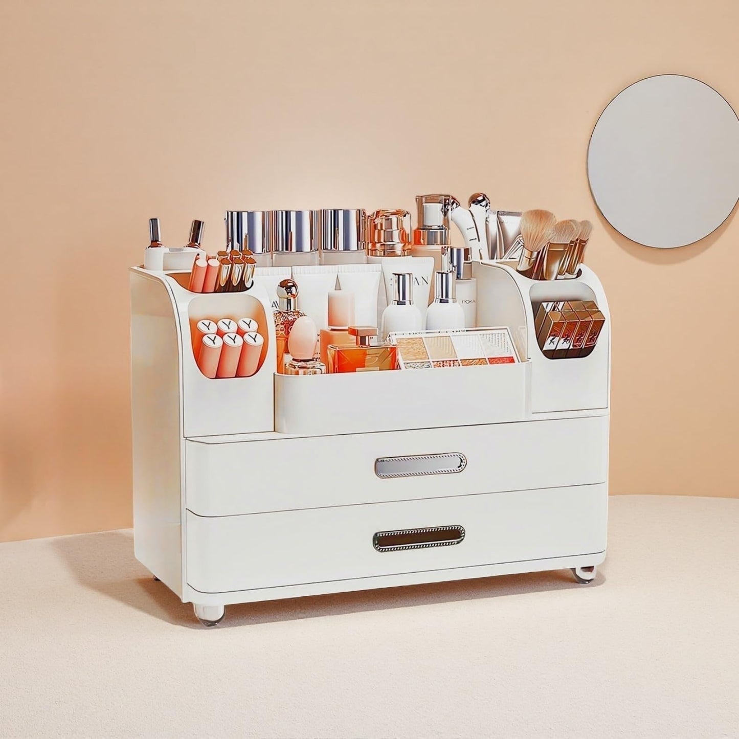 Makeup Organizer with Drawers for Vanity,Bathroom Countertop Organizer with Brushes Holder,Skincare Storage Organizer,Perfect Cosmetic Display Case for Skincare,Lipstick and Beauty Essential