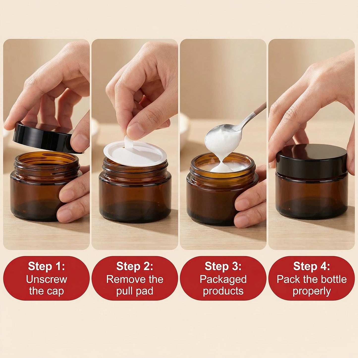 6PCS 10ml Amber Glass Jar Empty Refillable Cosmetic Container with Liners & Black Screw Lids for Face Cream Essential Oils Lotion Makeup