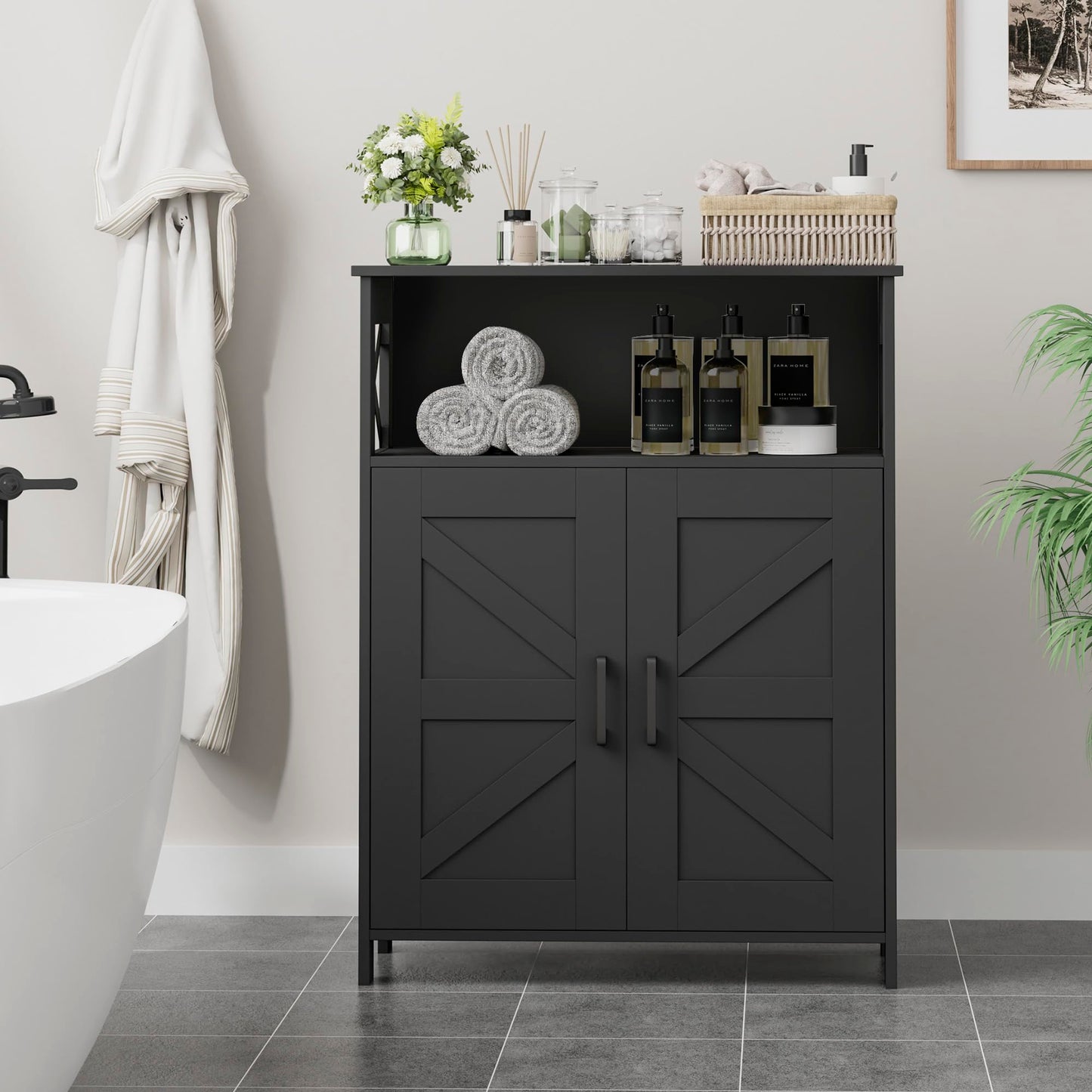 Homhedy Farmhouse Bathroom Storage Cabinet with 2 Doors, Toilet Paper Cabinet with Adjustable Shelf, Small Bathroom Cabinet for Kitchen/Laundry/Living Room, 11.8 x 23.6 x 31.5 Inches, Black