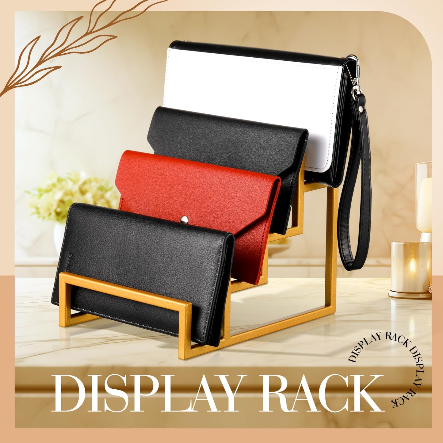DoubleFill 2 Pack Purse Organizer for Closet Display 4 Layer Gold Riser Stand Clutch Purse Organizer Display Metal Wallet Rack for Handbag Home Retail Boutique Store Supplies