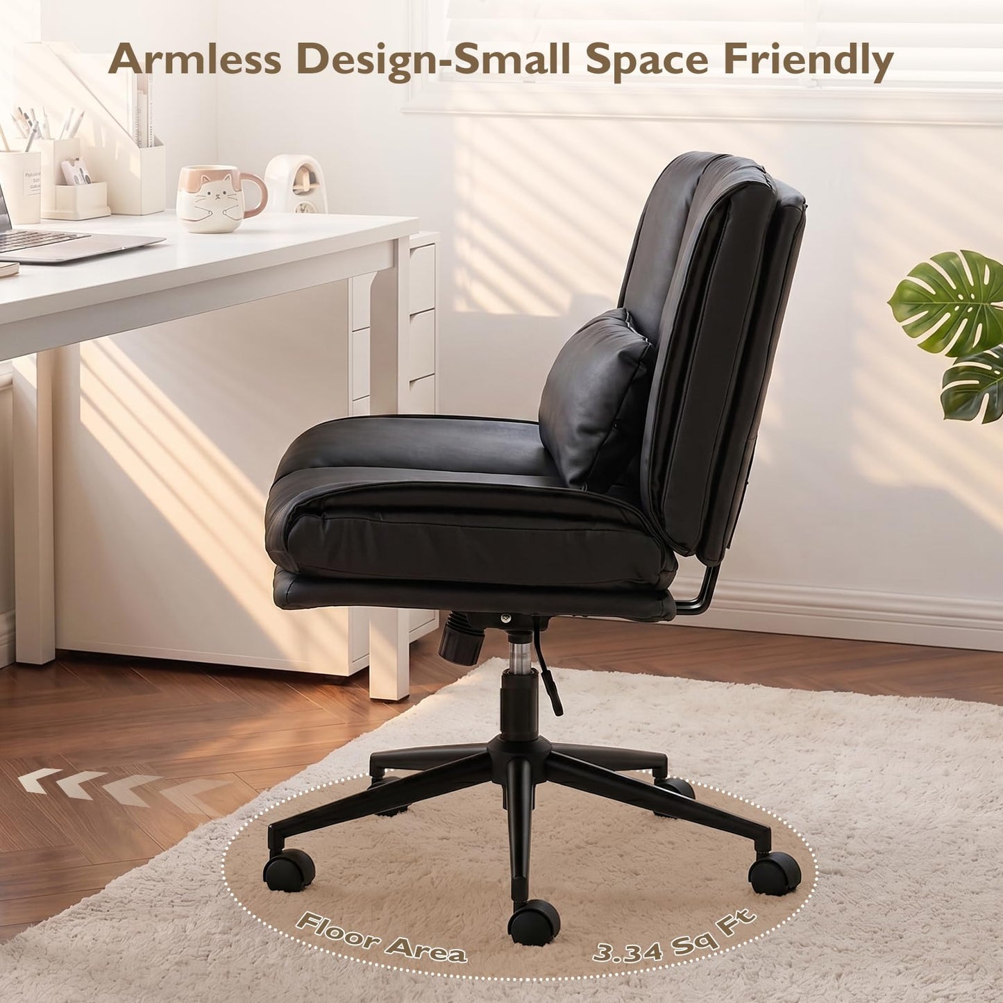 BIAOZHIKE Armless Criss Cross Office Chair with Wheels,PU Leather Black