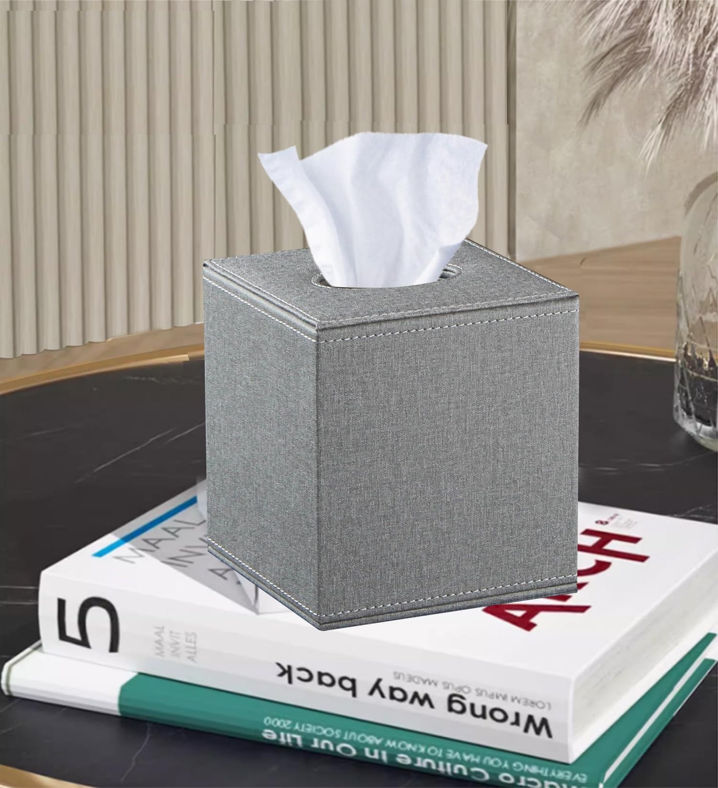 Leather Tissue Box Cover Square,Decorative Cube Tissue Box Holder with Magnetic Bottom,Facial Paper Organizer Table Napkin Case Dispenser for Bathroom NightStand Coffee Car Home Office,Grey