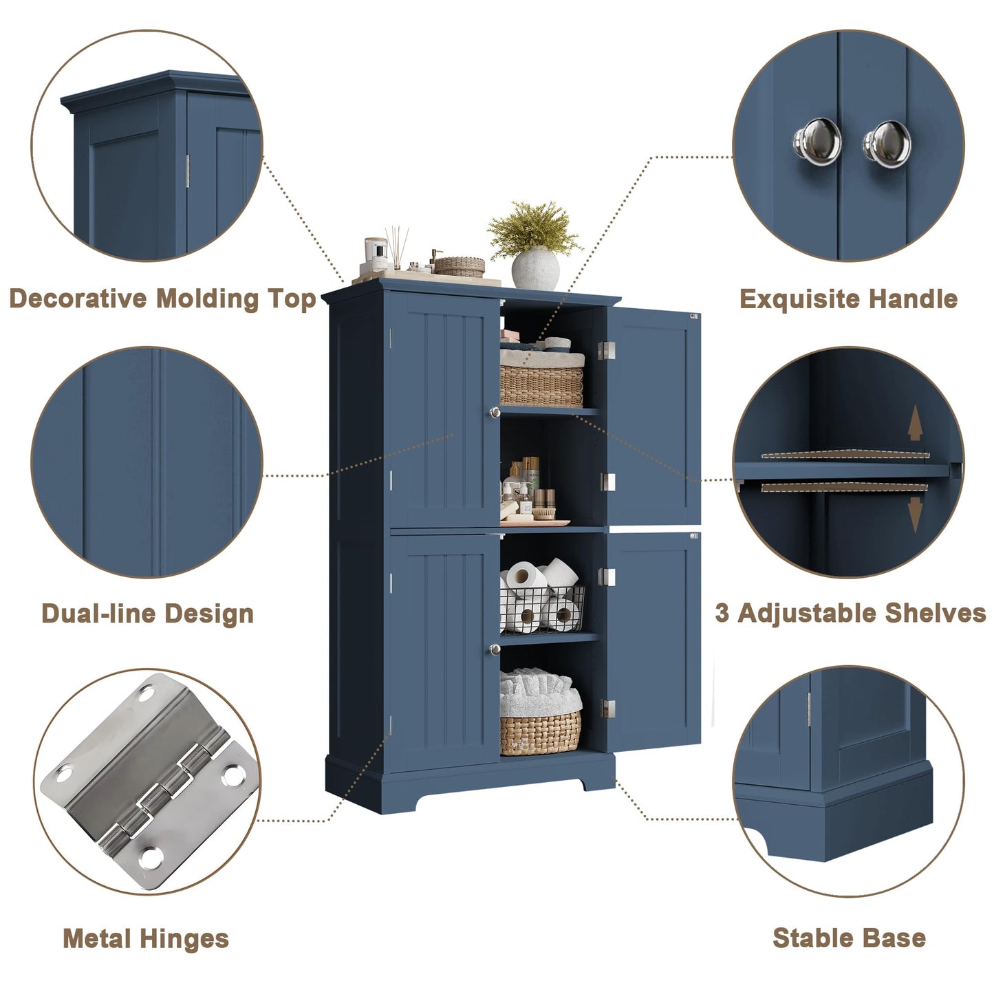 ChooChoo Bathroom Floor Cabinet, Modern Bathroom Storage Cabinet with 4 Doors and Adjustable Shelves, Freestanding Cupboard for Living Room, Blue